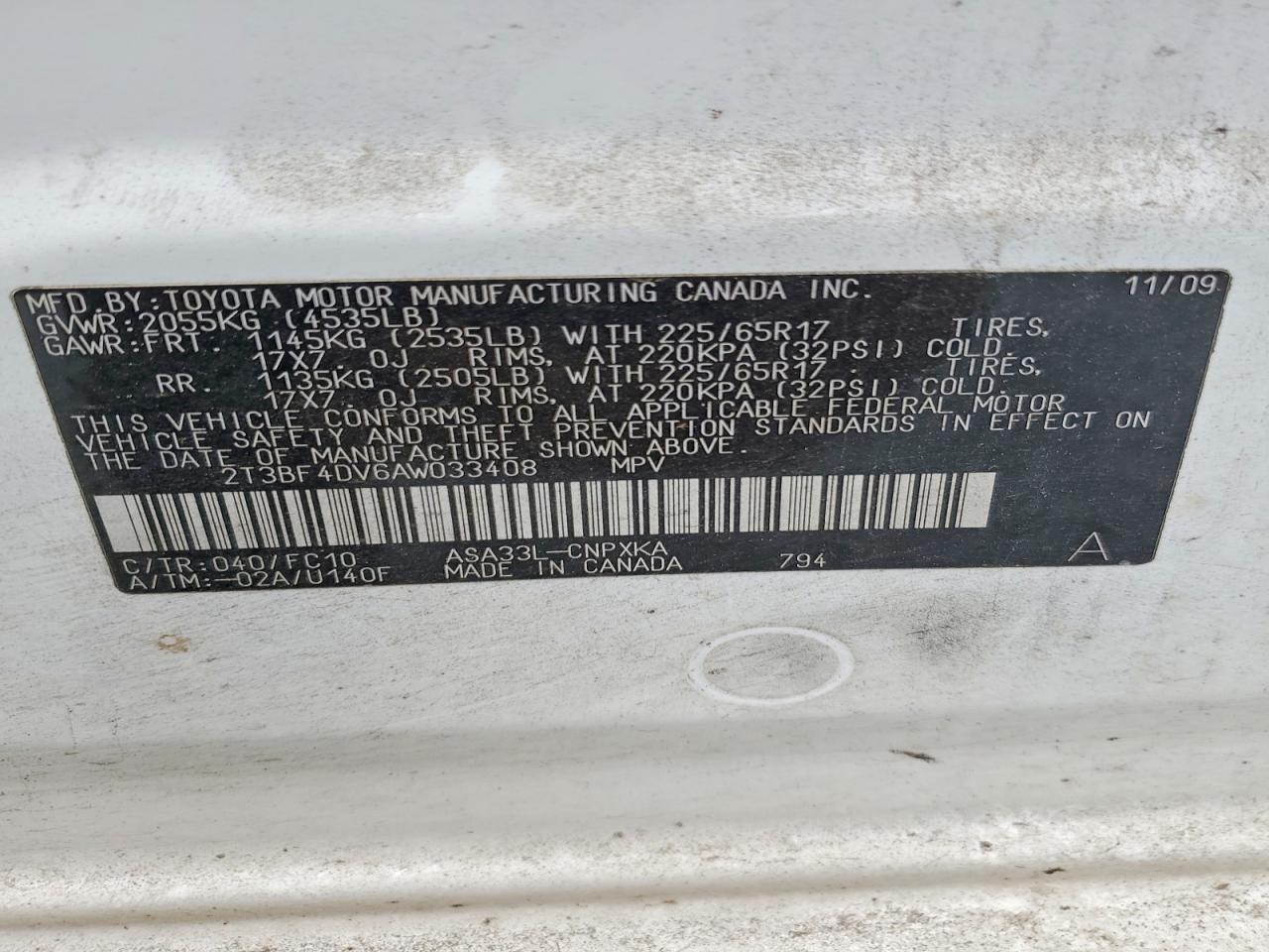 2010 Toyota Rav4 Base White vin: 2T3BF4DV6AW033408