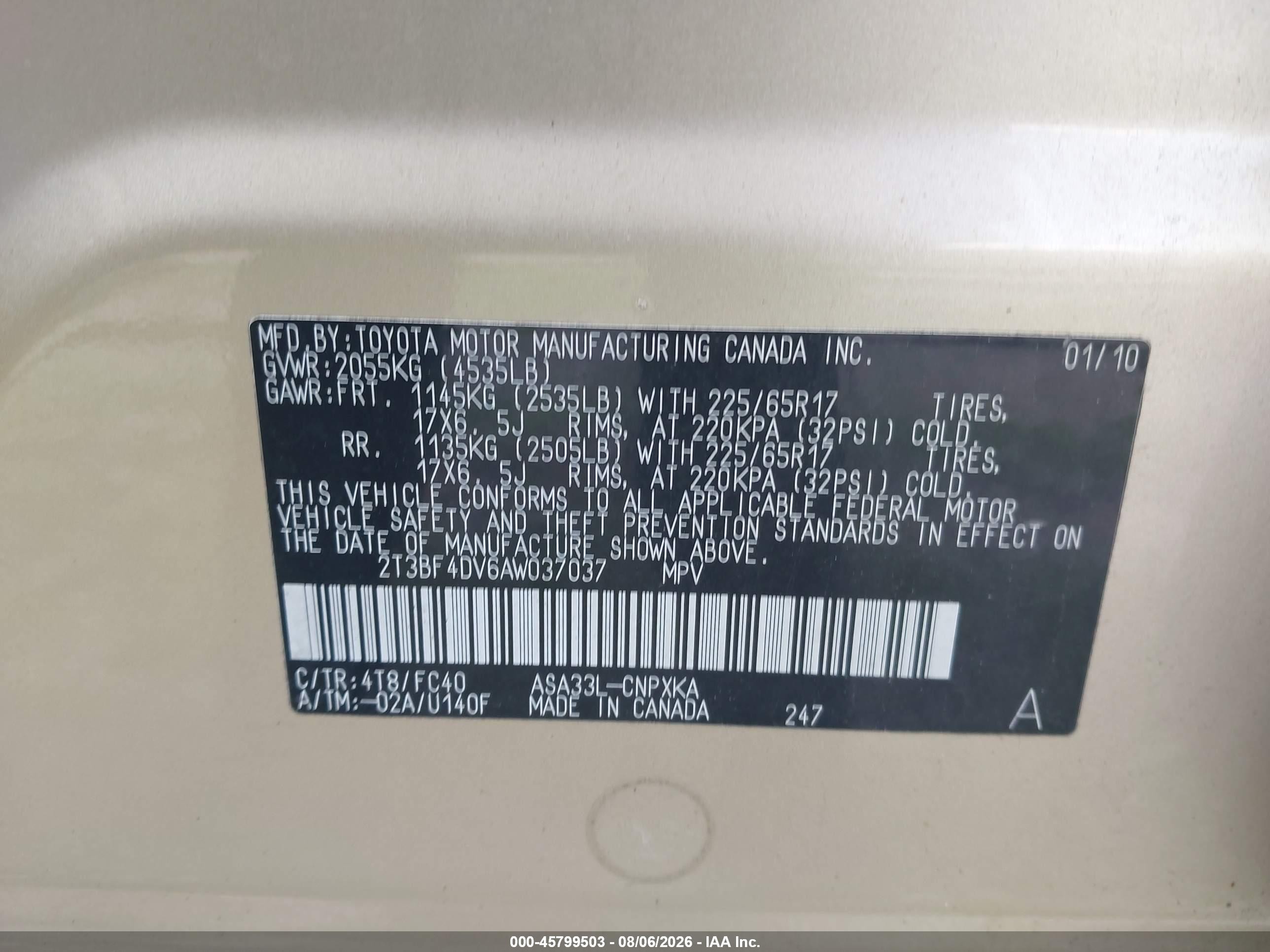 2010 Toyota Rav4   Gold vin: 2T3BF4DV6AW037037