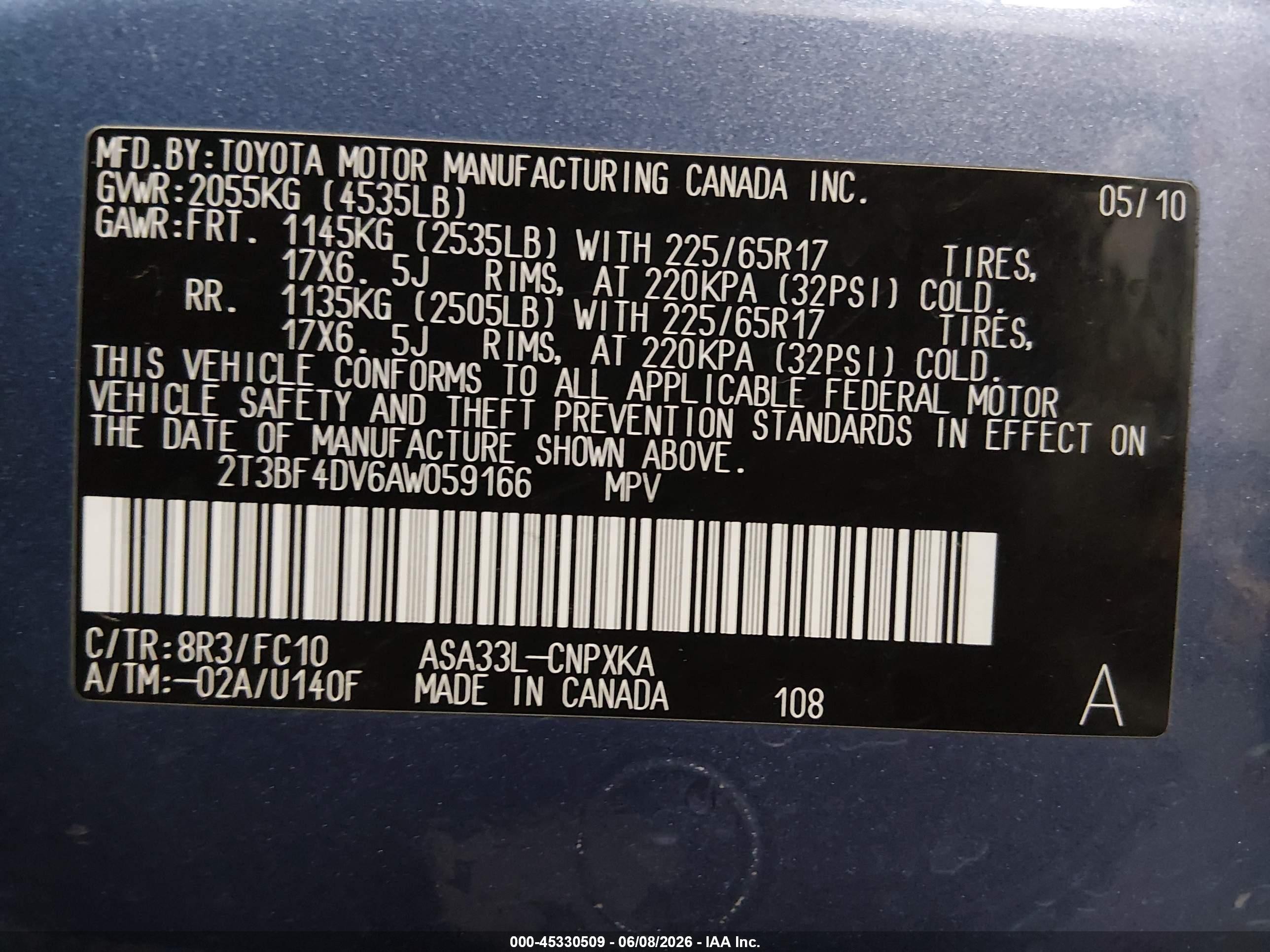 2010 Toyota Rav4   Blue vin: 2T3BF4DV6AW059166