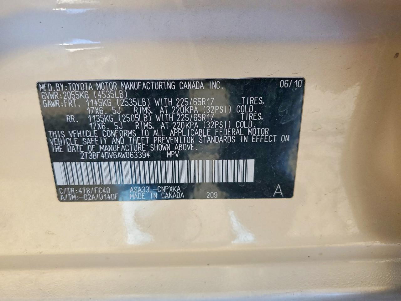 2010 Toyota Rav4 Base Gold vin: 2T3BF4DV6AW063394