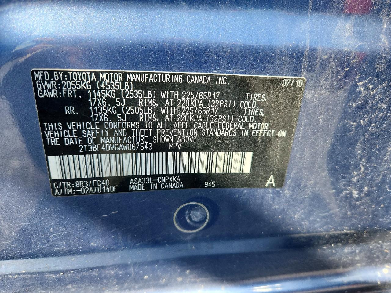 2010 Toyota Rav4 Base Blue vin: 2T3BF4DV6AW067543