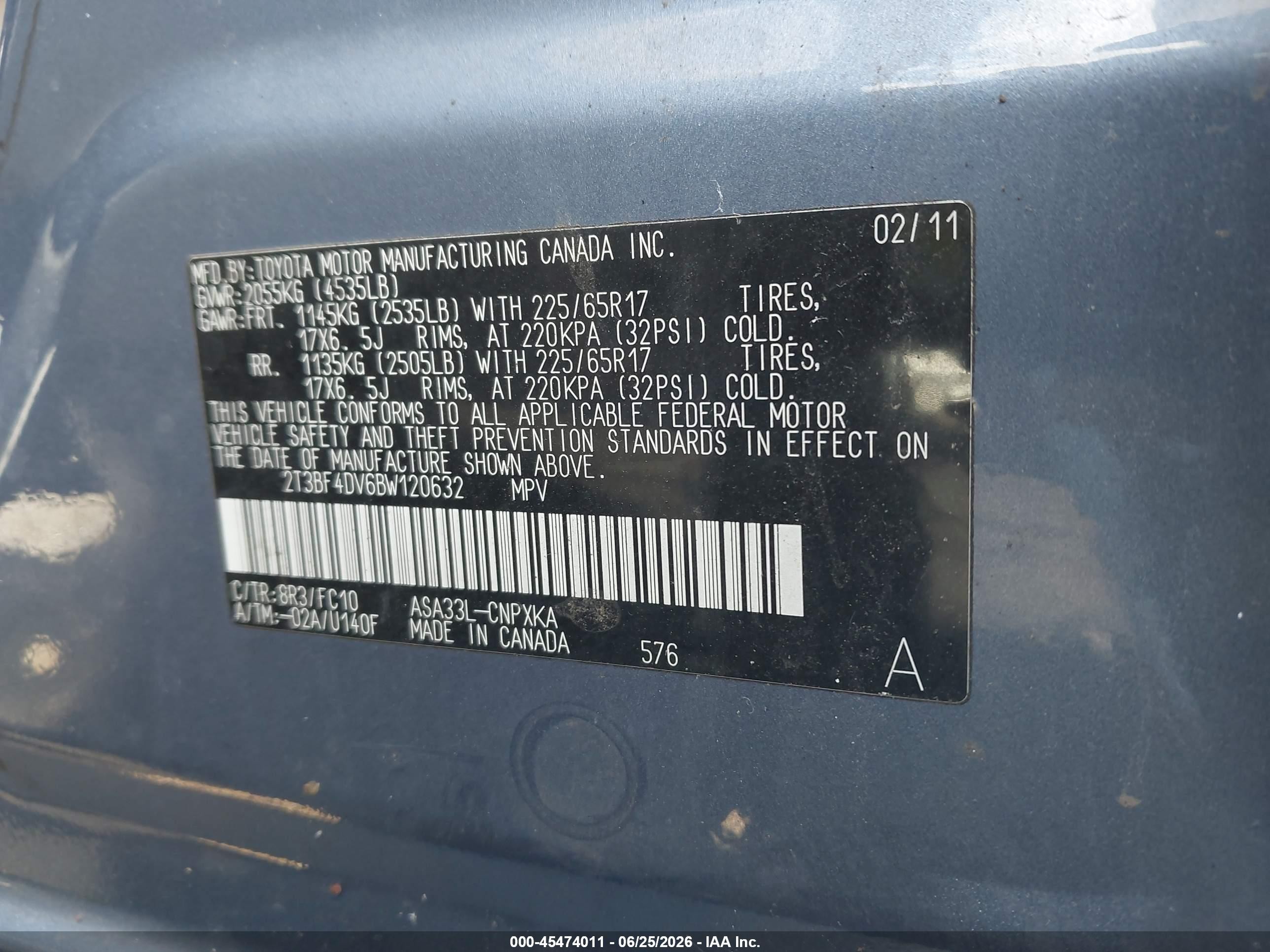 2011 Toyota Rav4   Blue vin: 2T3BF4DV6BW120632
