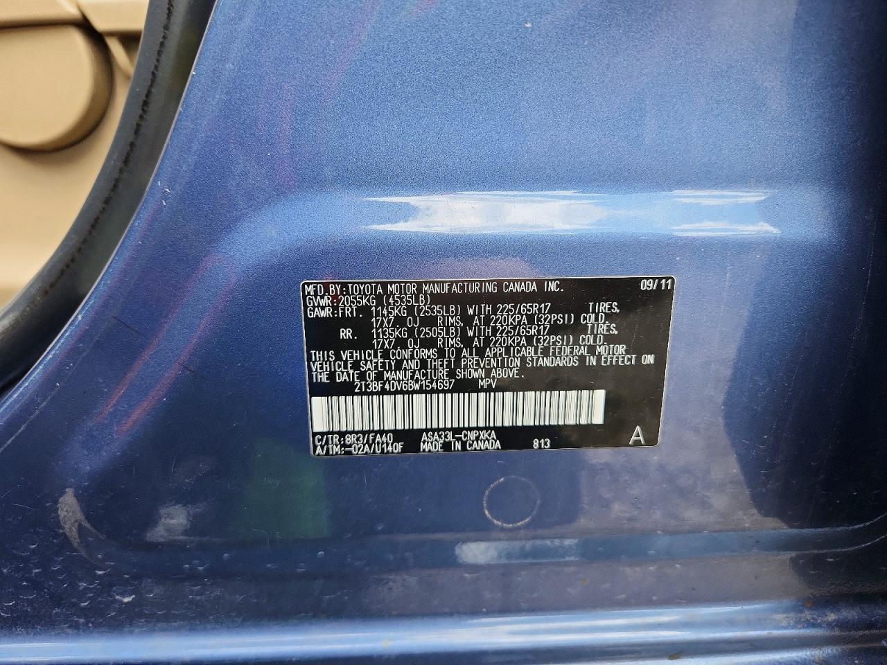 2011 Toyota Rav4 Base Blue vin: 2T3BF4DV6BW154697