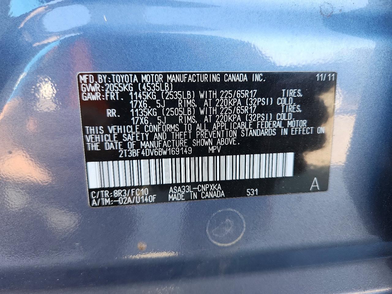 2011 Toyota Rav4 Base Blue vin: 2T3BF4DV6BW169149