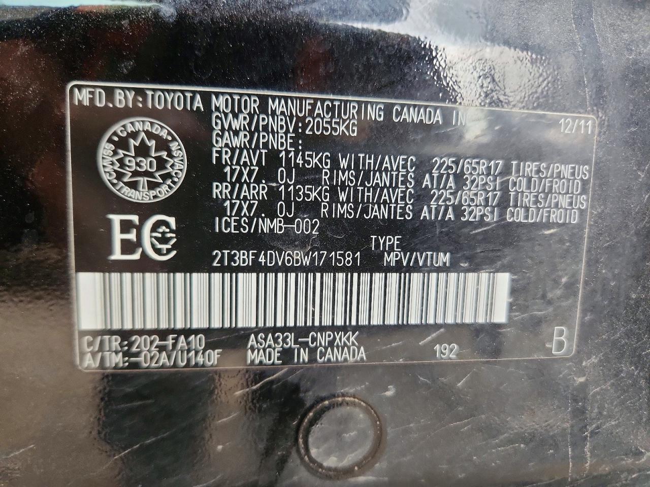 2011 Toyota Rav4 Base Black vin: 2T3BF4DV6BW171581