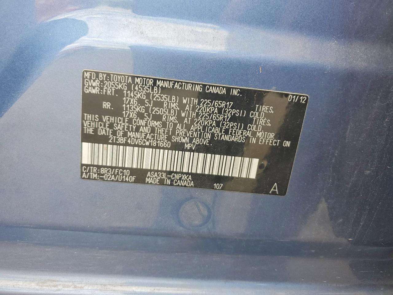 2012 Toyota Rav4 Base Blue vin: 2T3BF4DV6CW181660