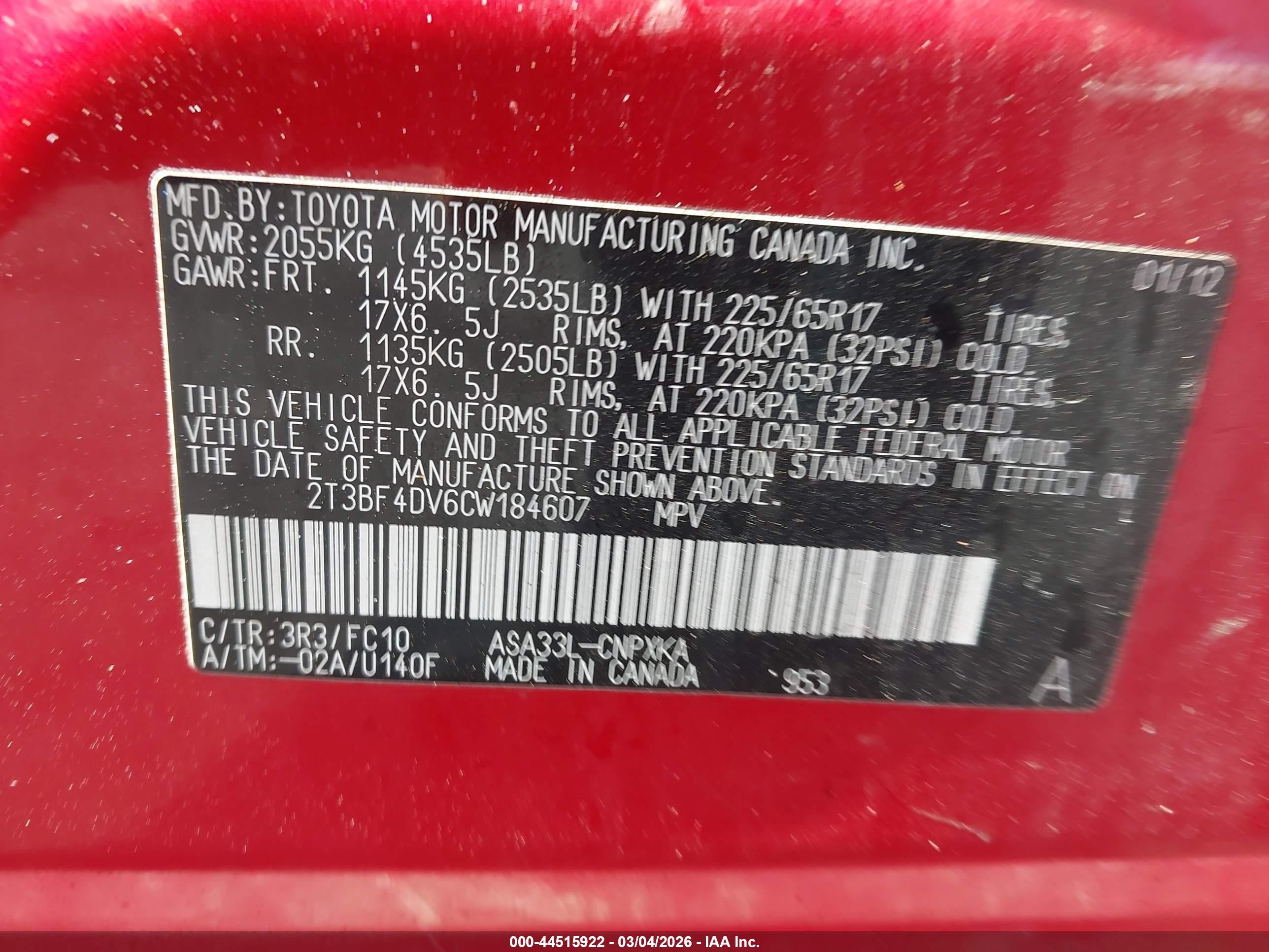 2012 Toyota Rav4   Red vin: 2T3BF4DV6CW184607