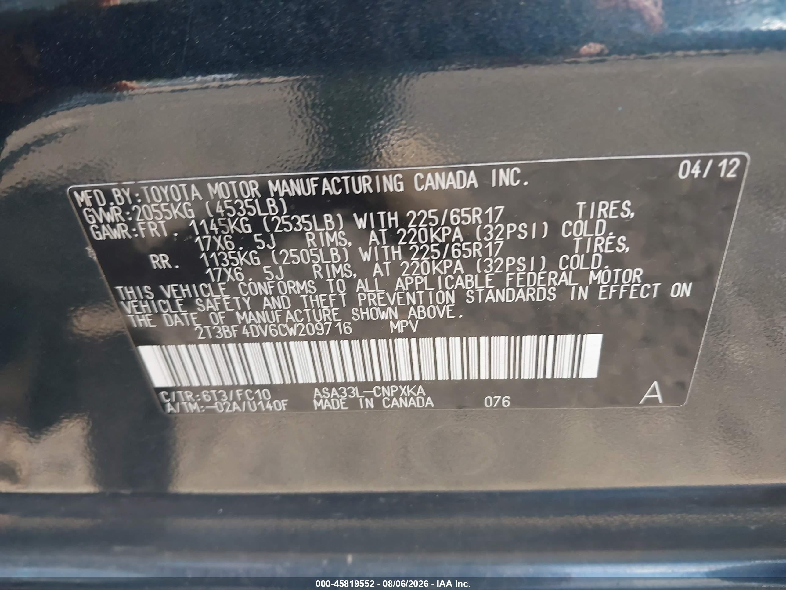 2012 Toyota Rav4   Blue vin: 2T3BF4DV6CW209716