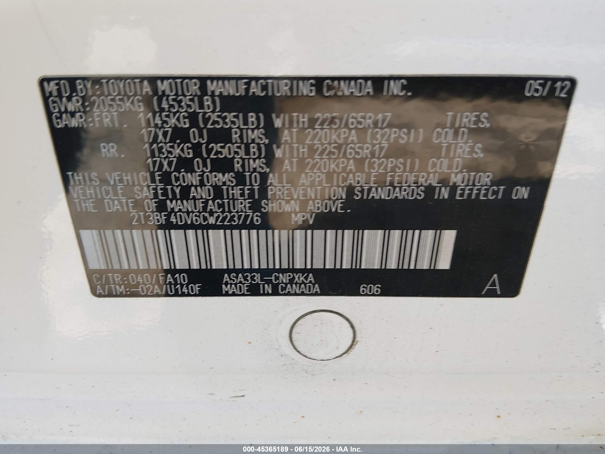 2012 Toyota Rav4   White vin: 2T3BF4DV6CW223776