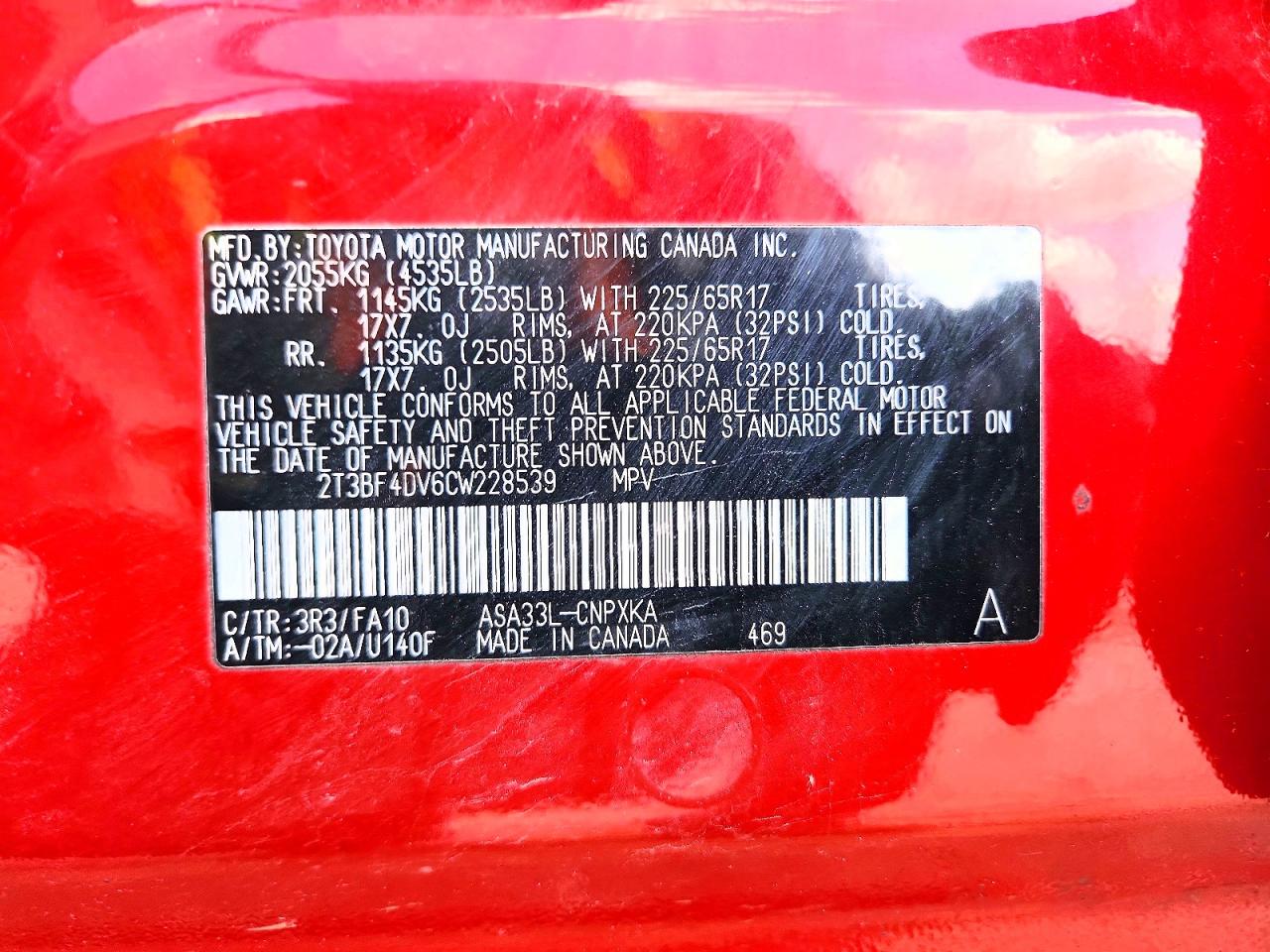 2012 Toyota Rav4 Base Red vin: 2T3BF4DV6CW228539