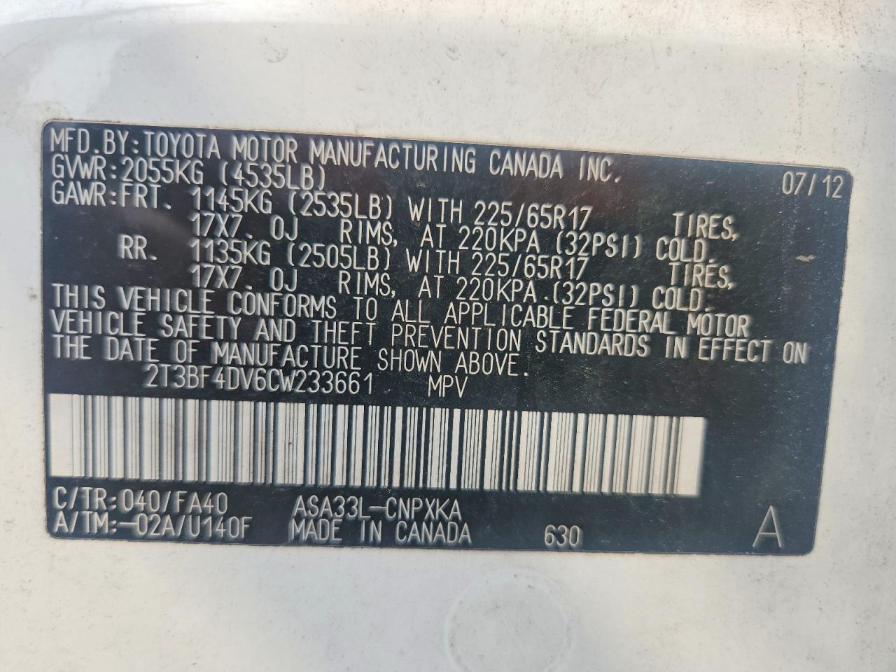2012 Toyota Rav4 Base White vin: 2T3BF4DV6CW233661