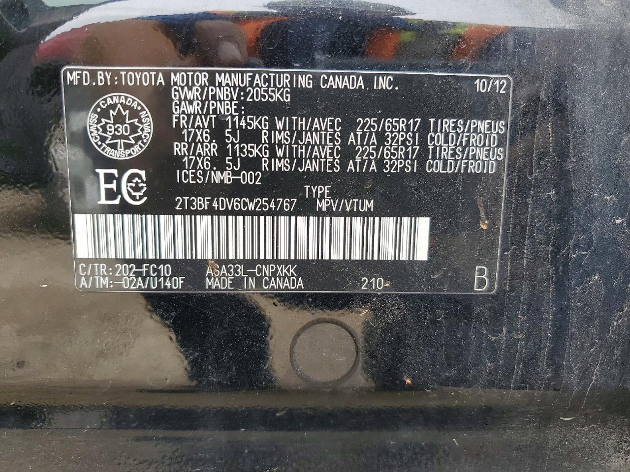 2012 Toyota Rav4 Base Black vin: 2T3BF4DV6CW254767