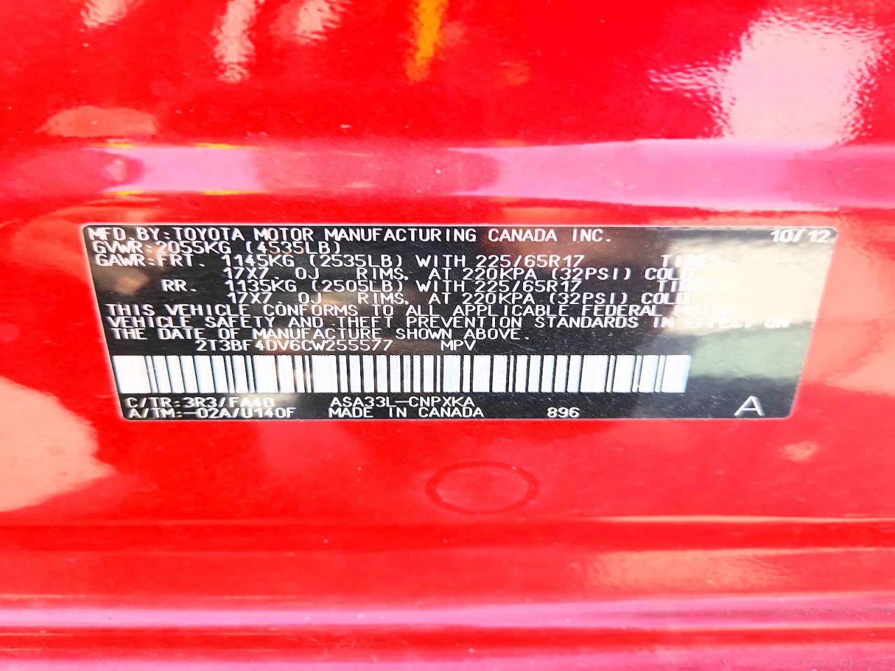 2012 Toyota Rav4 Base Red vin: 2T3BF4DV6CW255577