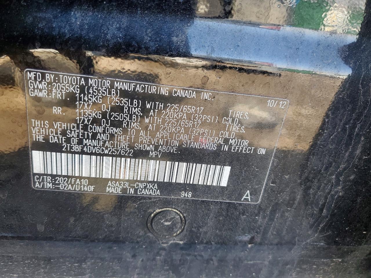 2012 Toyota Rav4 Base Black vin: 2T3BF4DV6CW257622