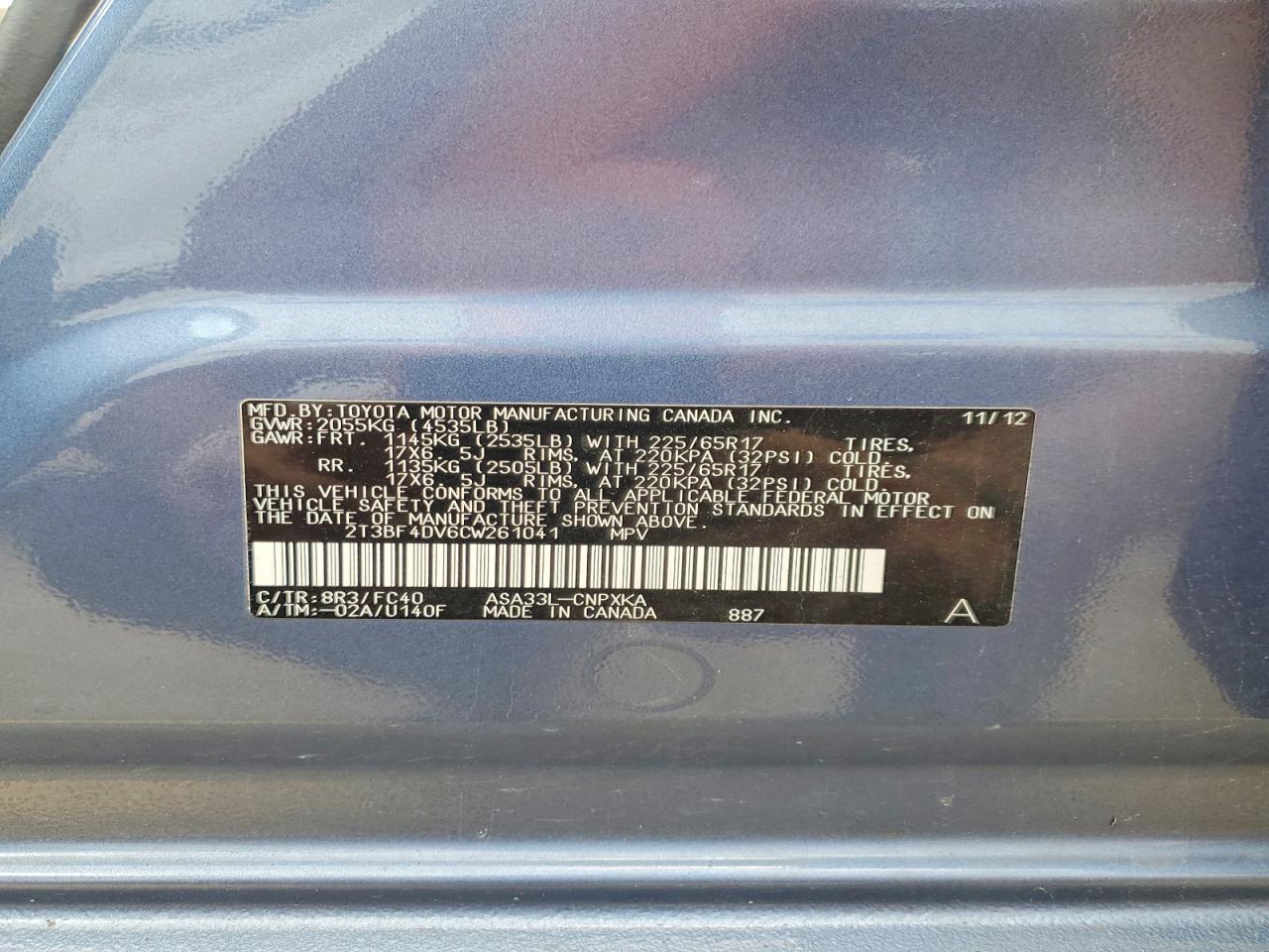 2012 Toyota Rav4 Blue vin: 2T3BF4DV6CW261041