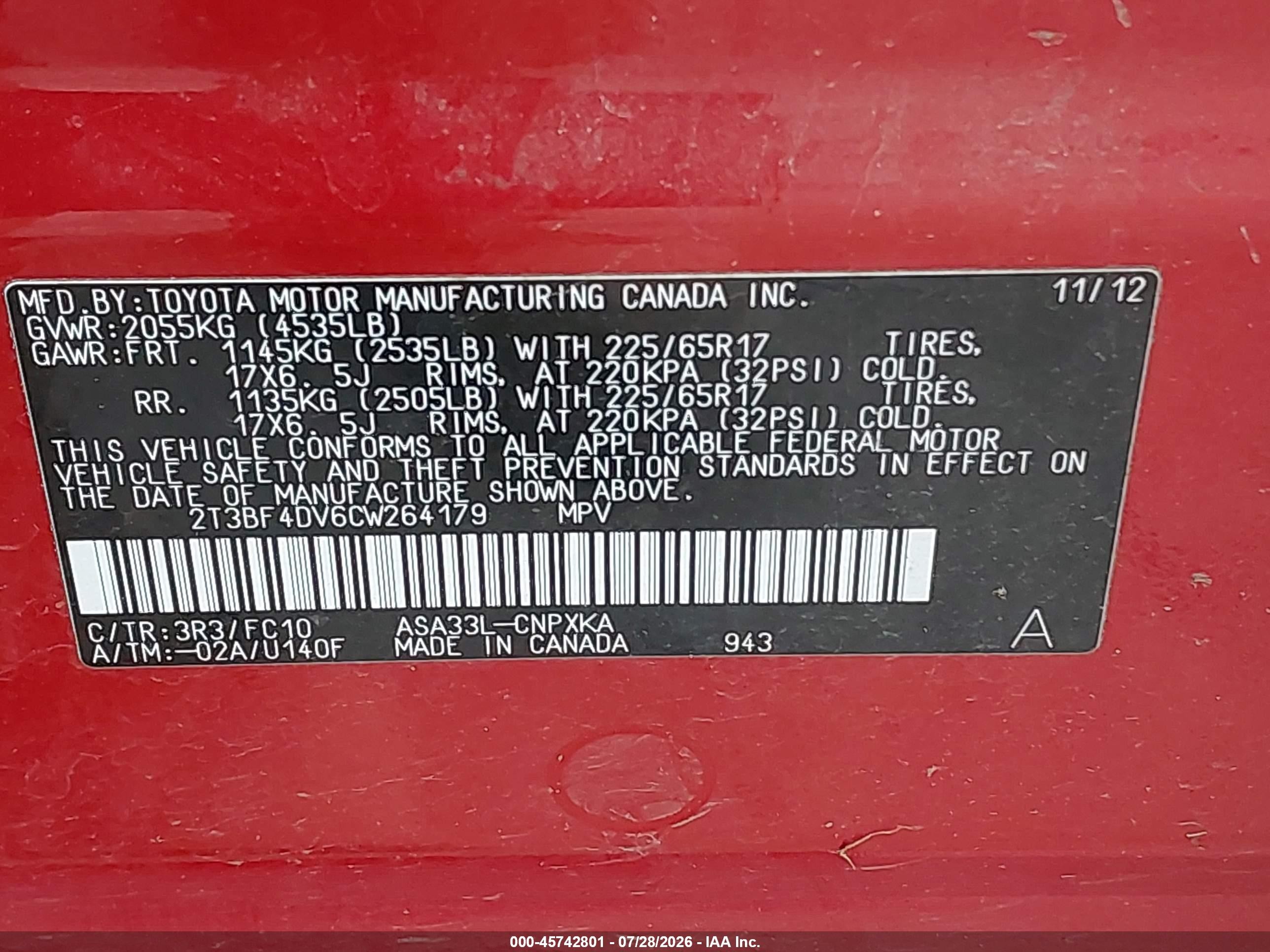 2012 Toyota Rav4   Red vin: 2T3BF4DV6CW264179
