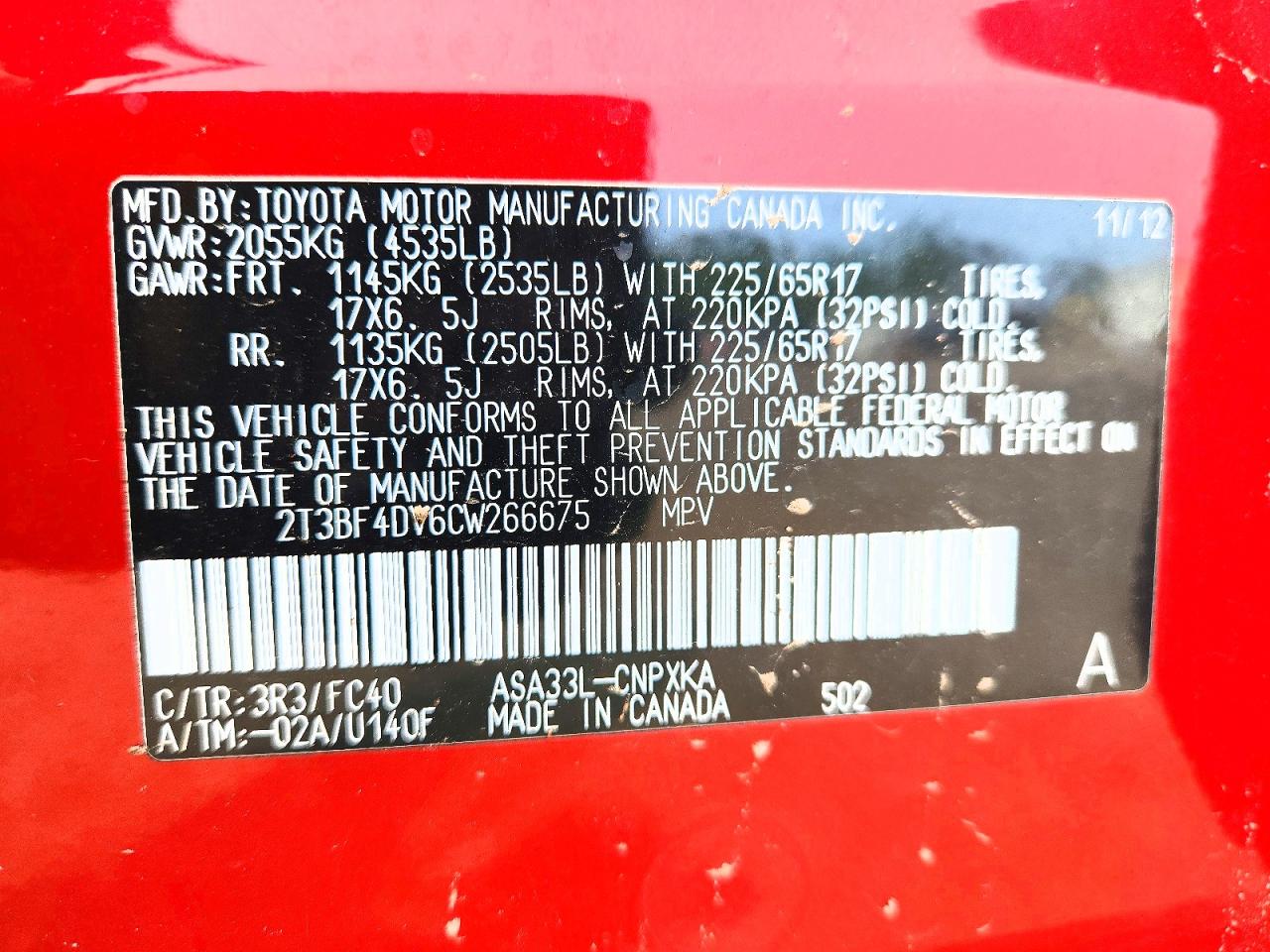 2012 Toyota Rav4 Base Red vin: 2T3BF4DV6CW266675