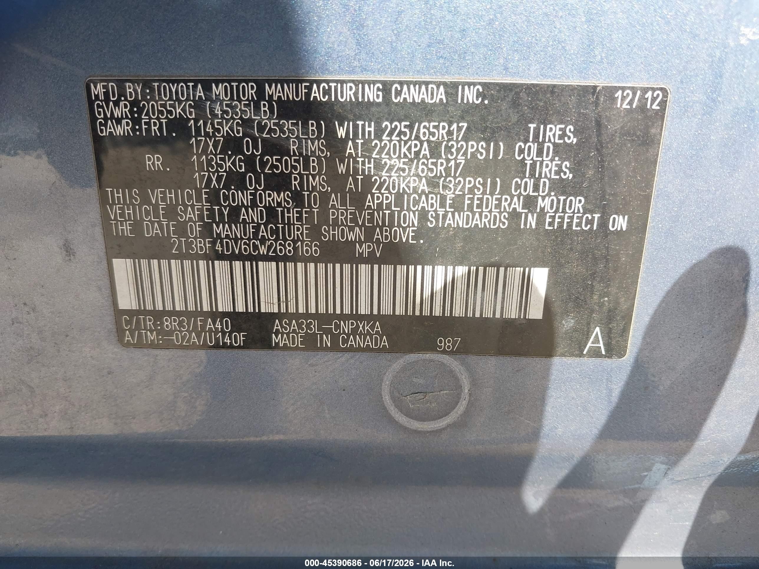 2012 Toyota Rav4   Blue vin: 2T3BF4DV6CW268166
