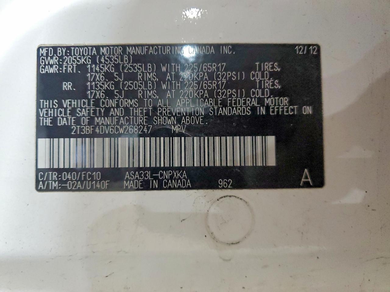 2012 Toyota Rav4 Base White vin: 2T3BF4DV6CW268247