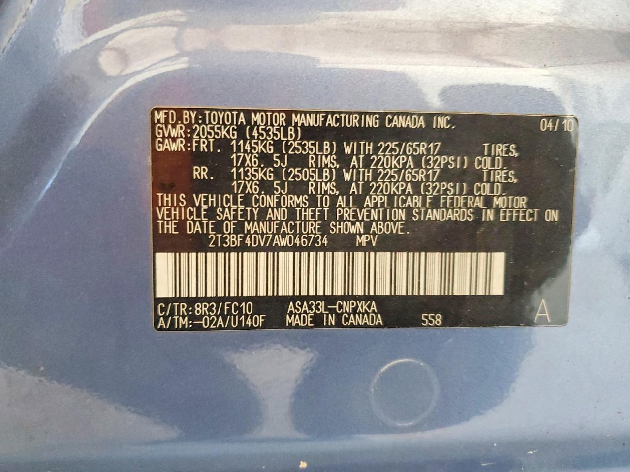 2010 Toyota Rav4 Base Blue vin: 2T3BF4DV7AW046734