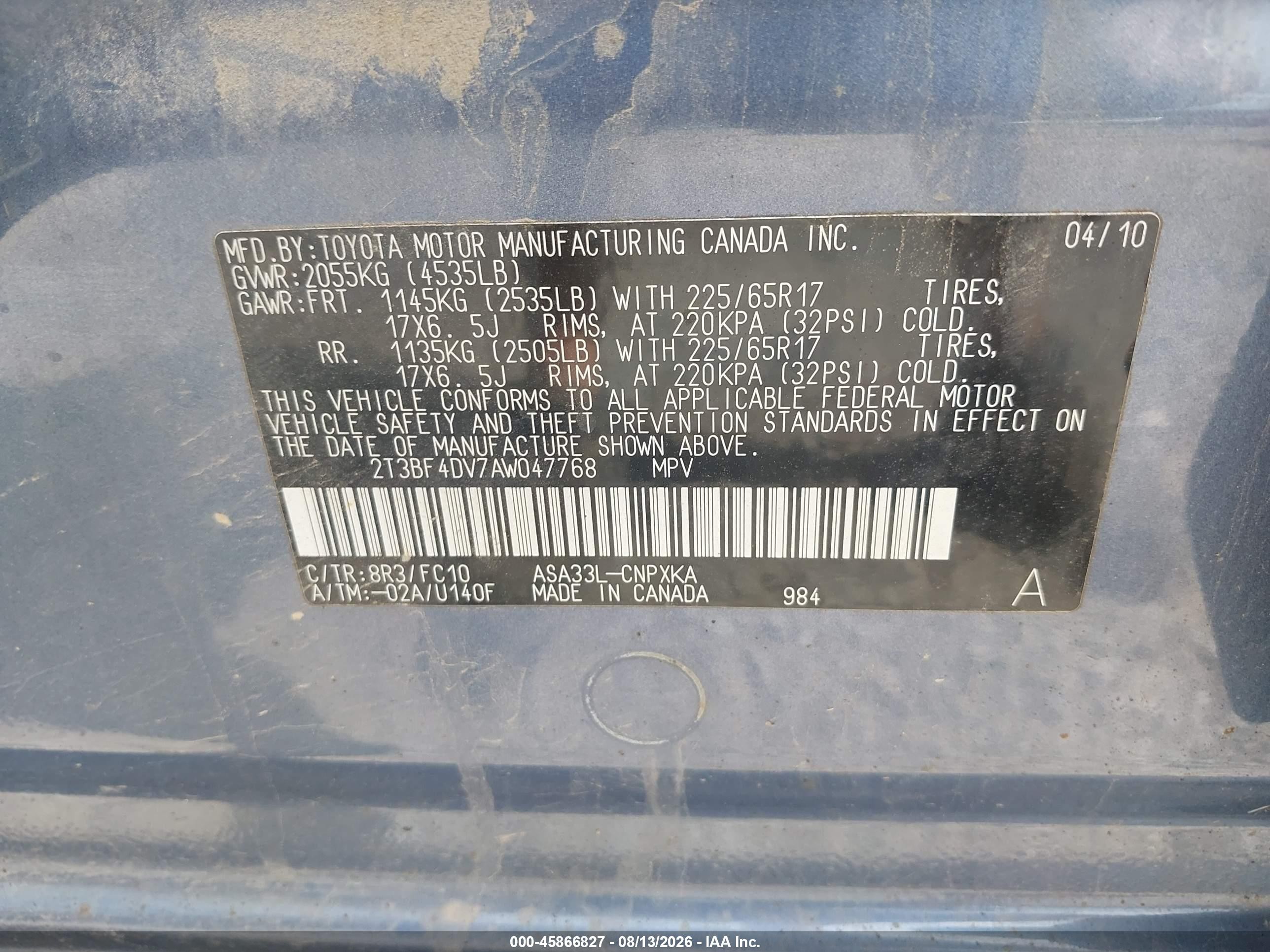 2010 Toyota Rav4   Blue vin: 2T3BF4DV7AW047768