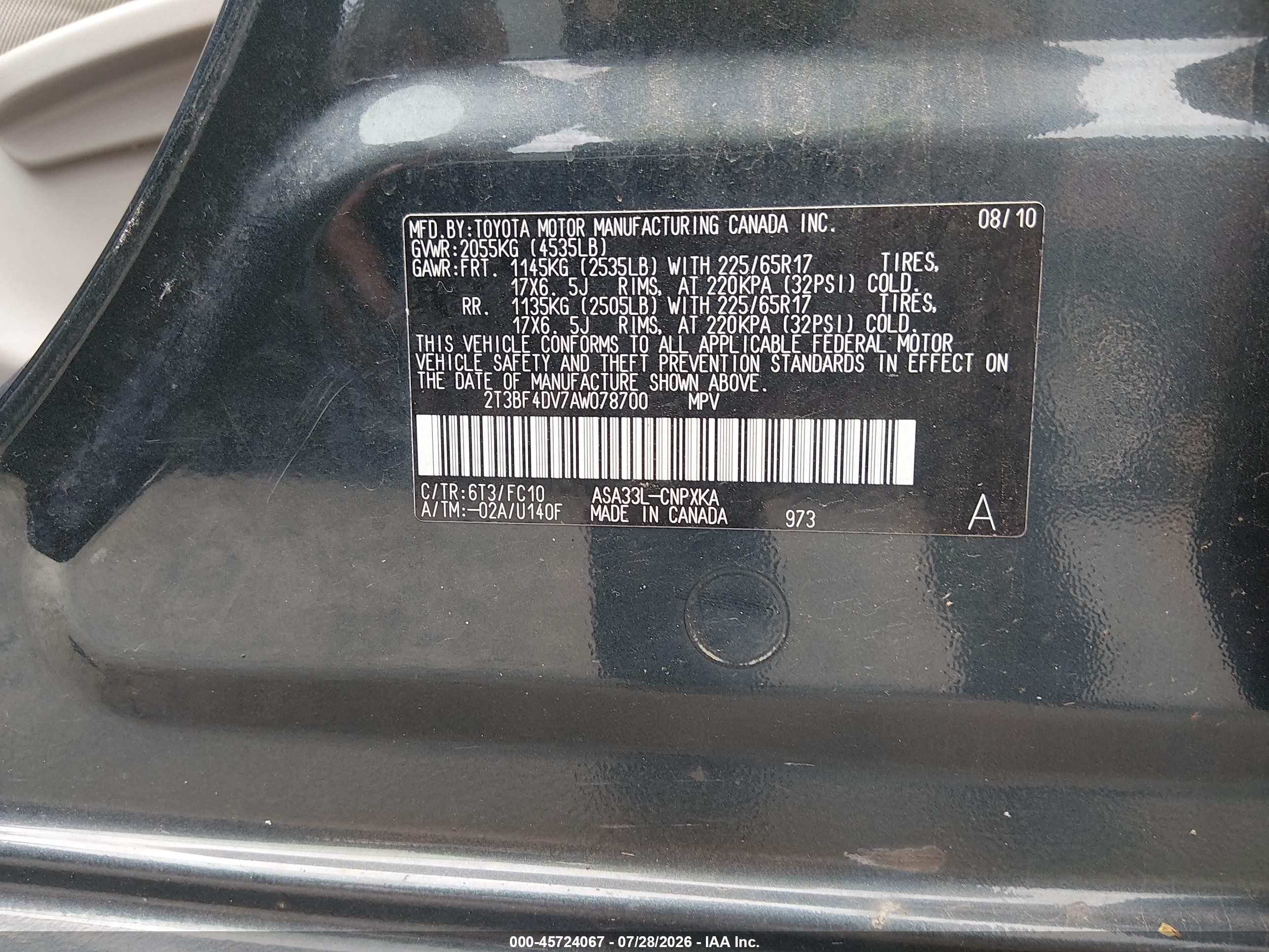2010 Toyota Rav4   Green vin: 2T3BF4DV7AW078700