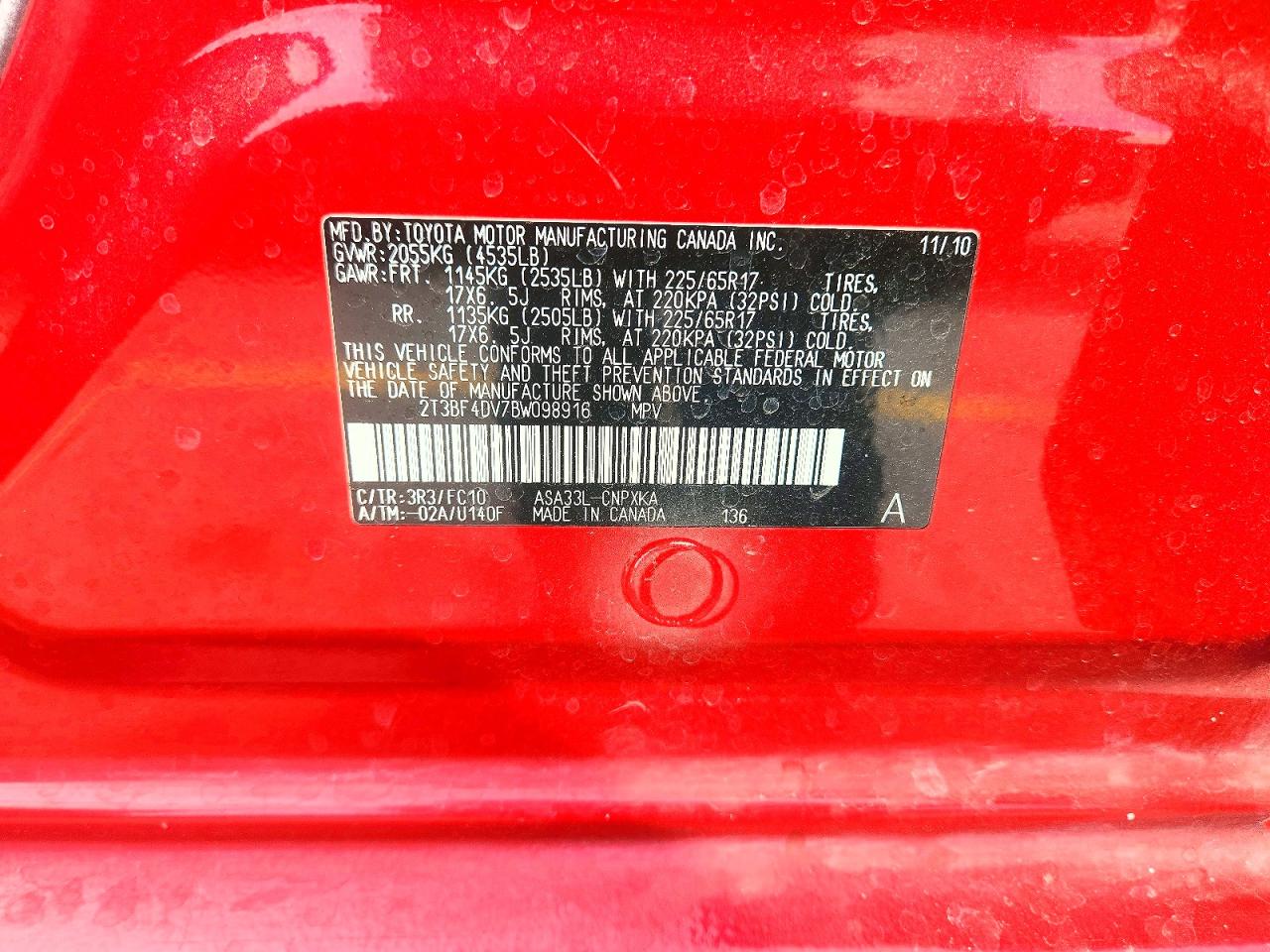 2011 Toyota Rav4 Base Red vin: 2T3BF4DV7BW098916