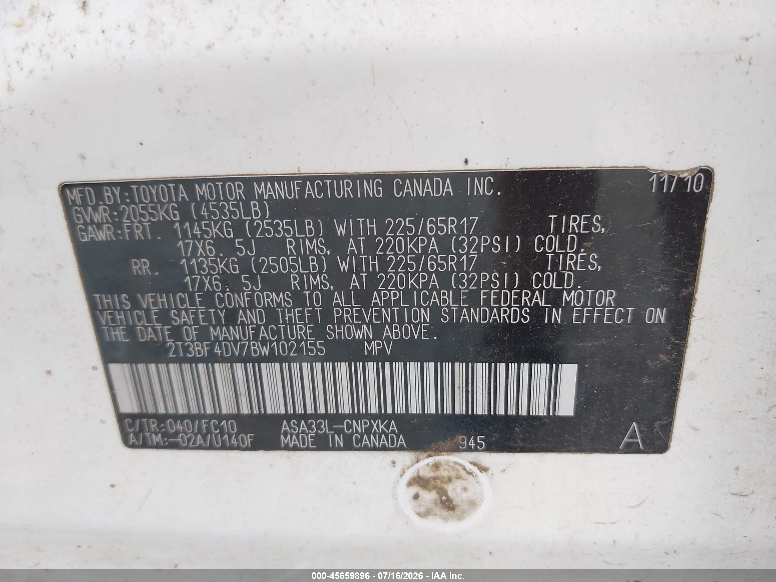 2011 Toyota Rav4   White vin: 2T3BF4DV7BW102155