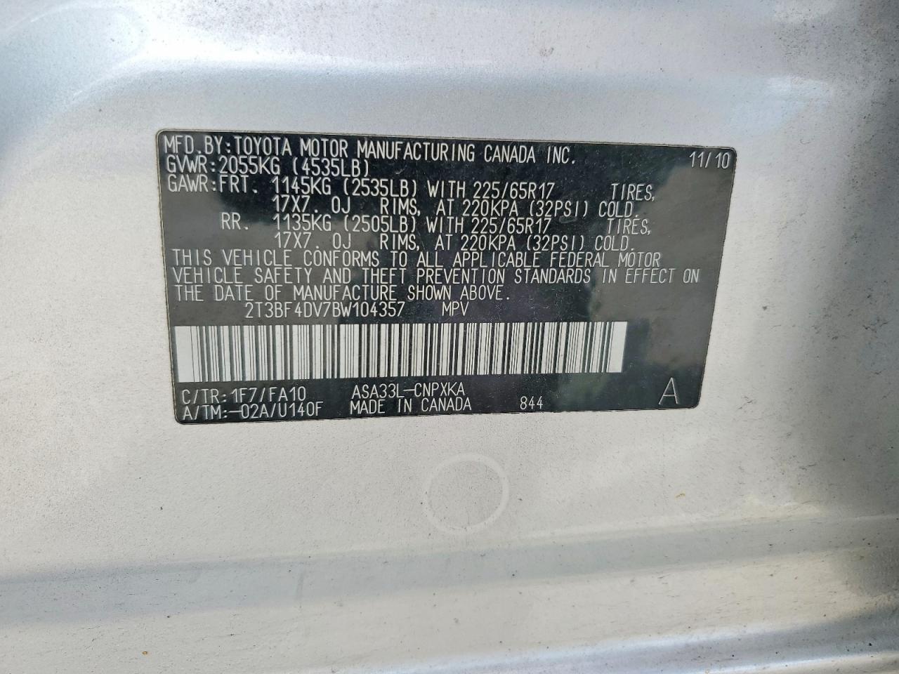 2011 Toyota Rav4 Base Silver vin: 2T3BF4DV7BW104357