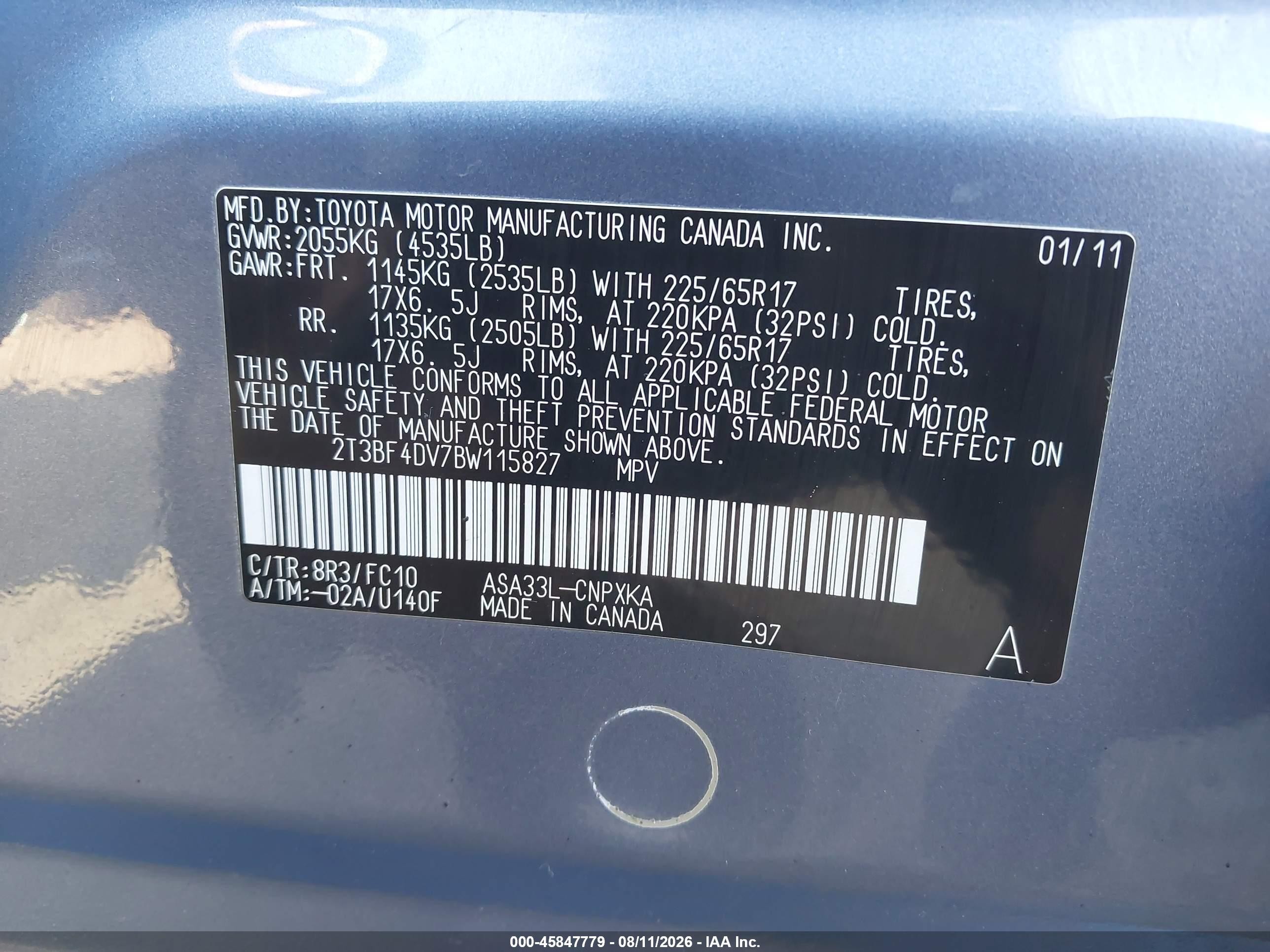 2011 Toyota Rav4   Light Blue vin: 2T3BF4DV7BW115827