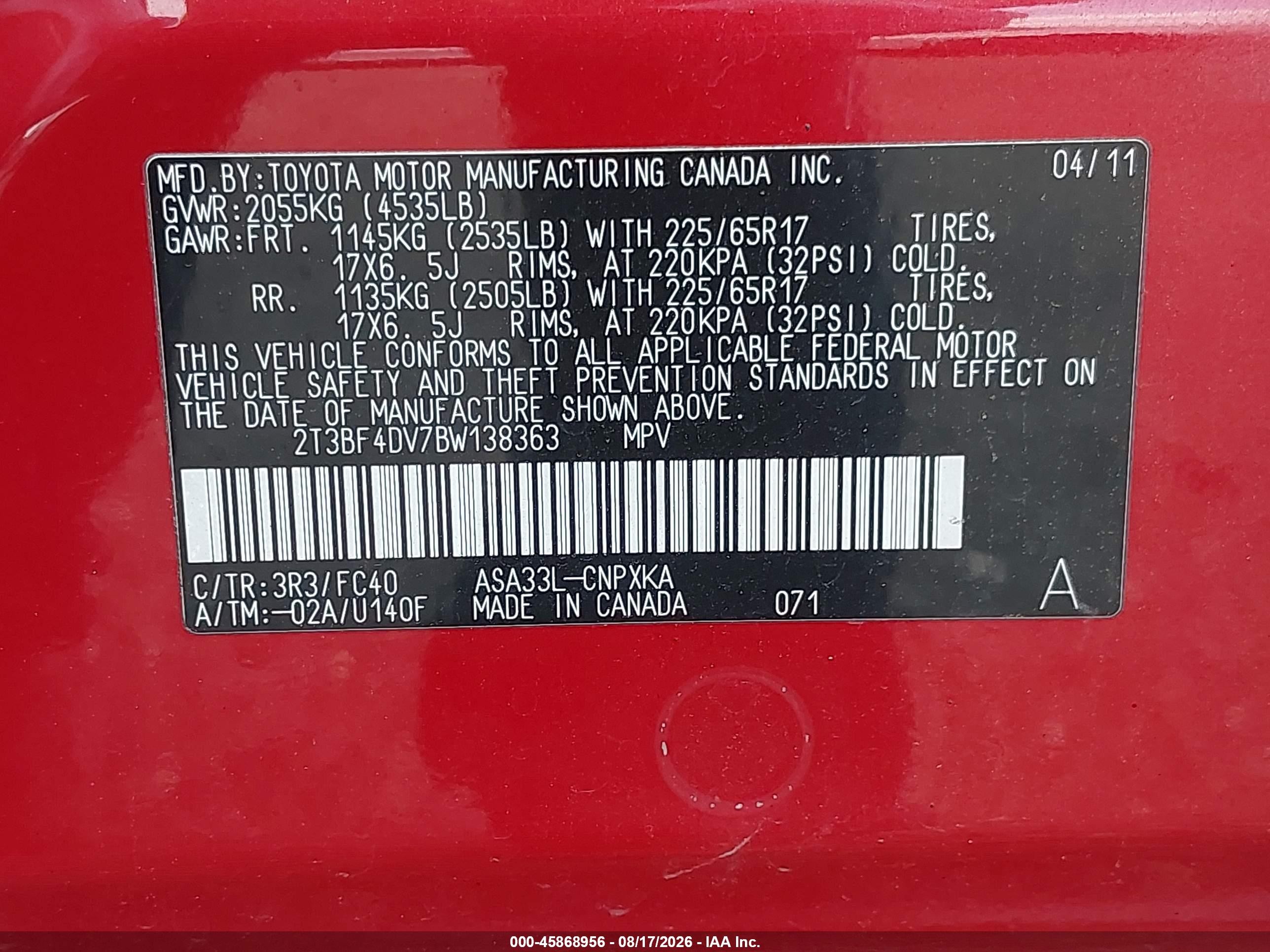 2011 Toyota Rav4 Red vin: 2T3BF4DV7BW138363
