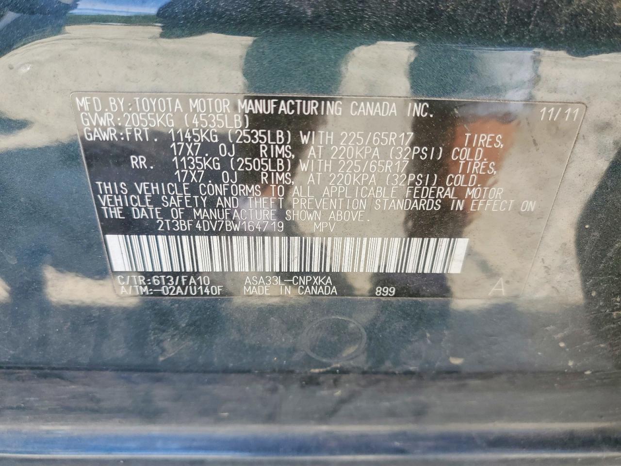 2011 Toyota Rav4 Base Blue vin: 2T3BF4DV7BW164719