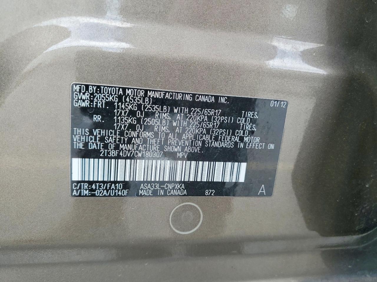 2012 Toyota Rav4 Base Brown vin: 2T3BF4DV7CW180307