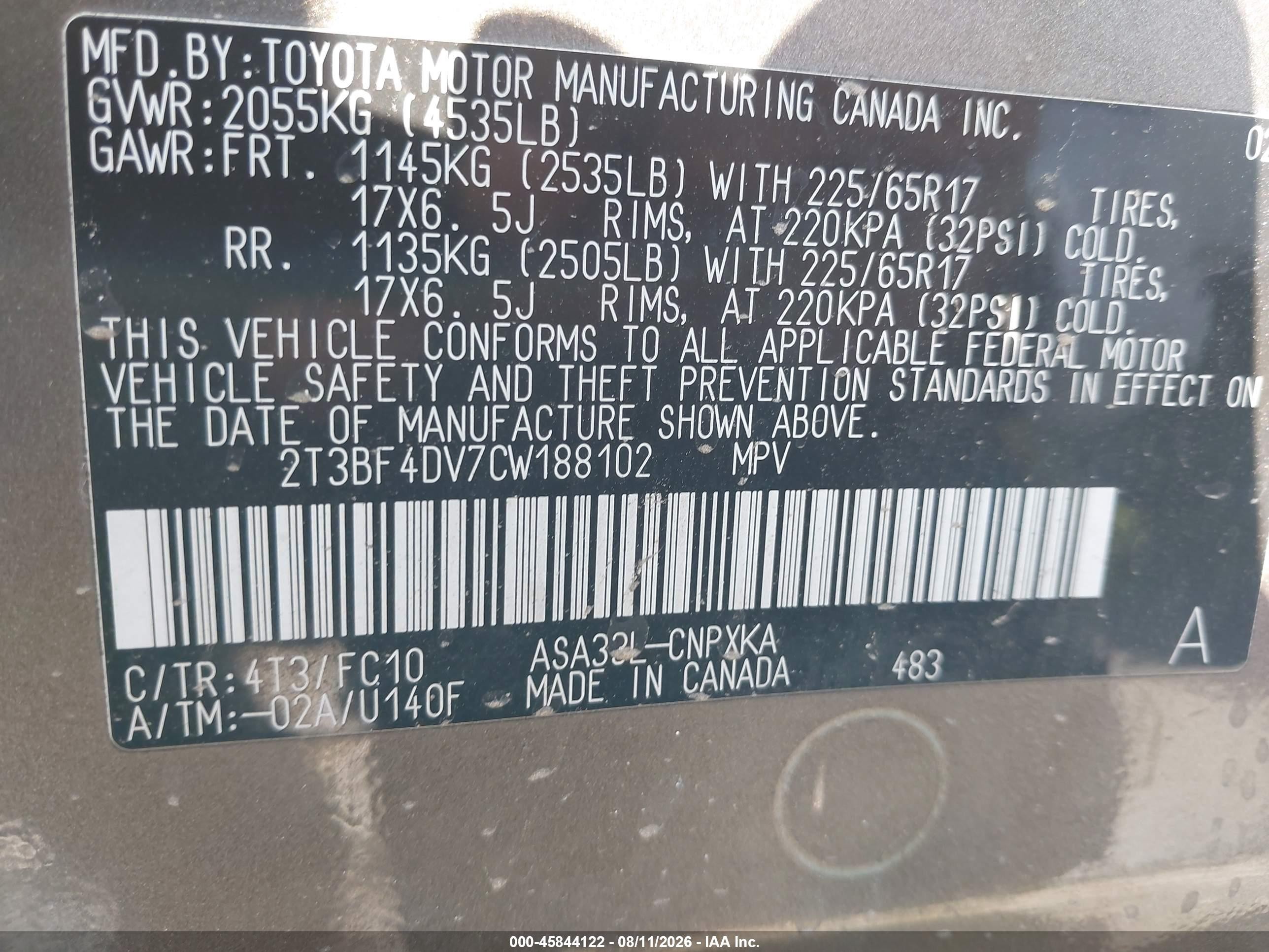2012 Toyota Rav4   Champagne vin: 2T3BF4DV7CW188102