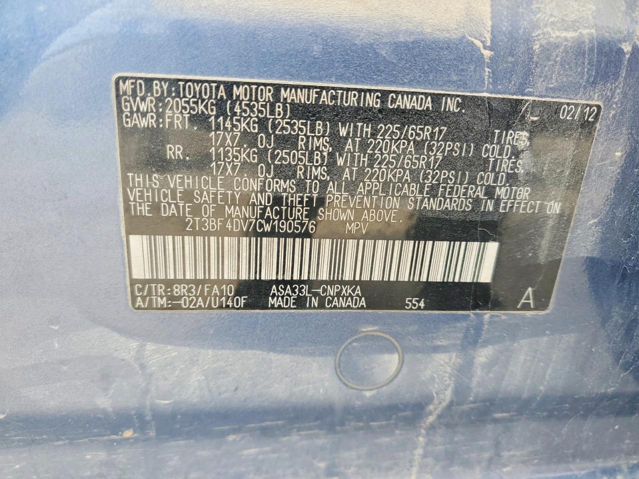 2012 Toyota Rav4 Base Blue vin: 2T3BF4DV7CW190576