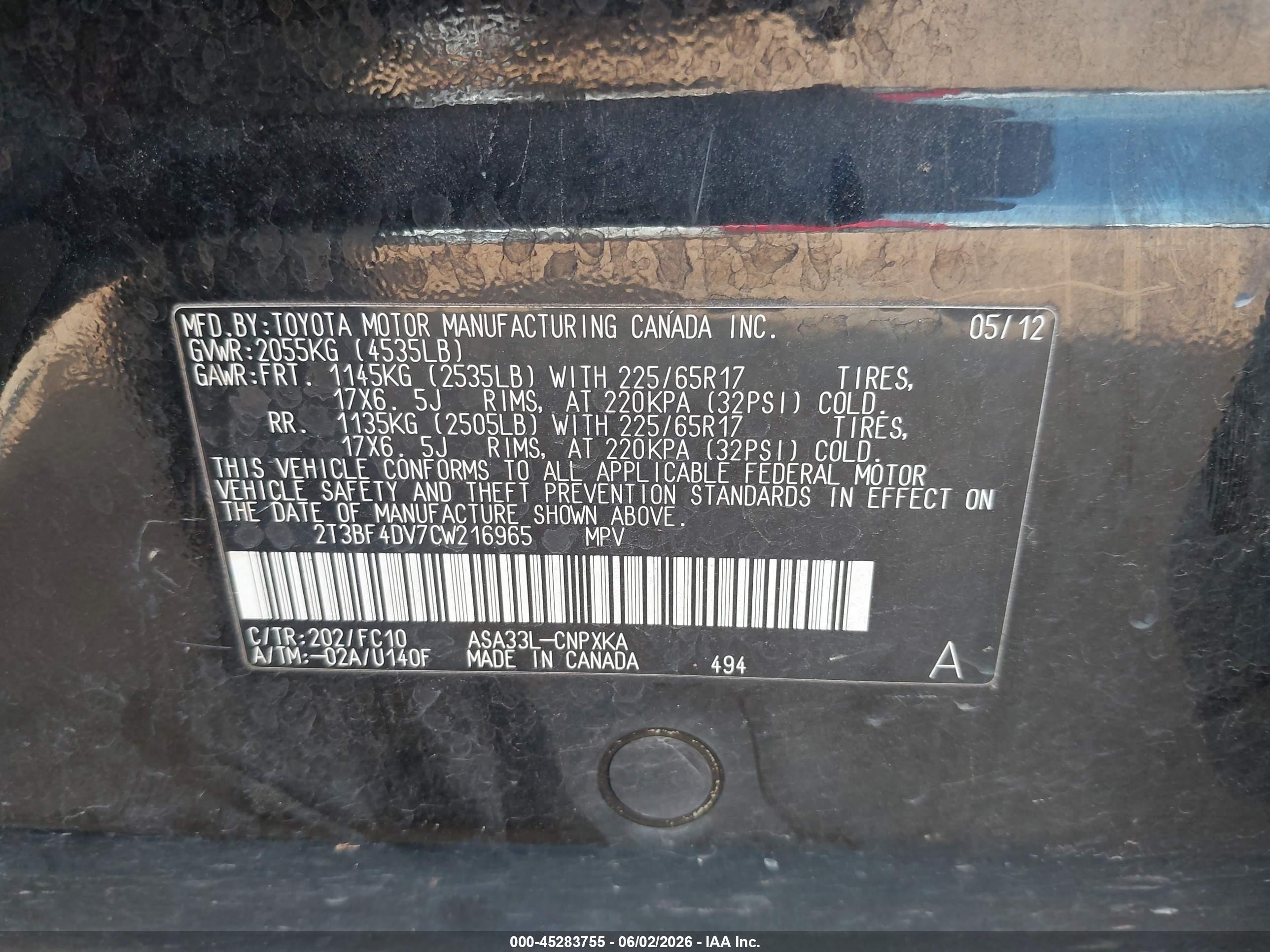 2012 Toyota Rav4 Black vin: 2T3BF4DV7CW216965