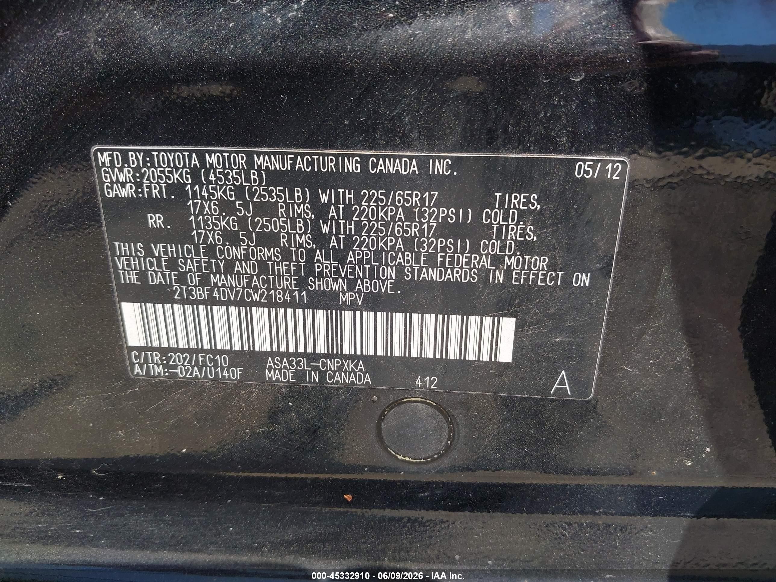 2012 Toyota Rav4   Black vin: 2T3BF4DV7CW218411