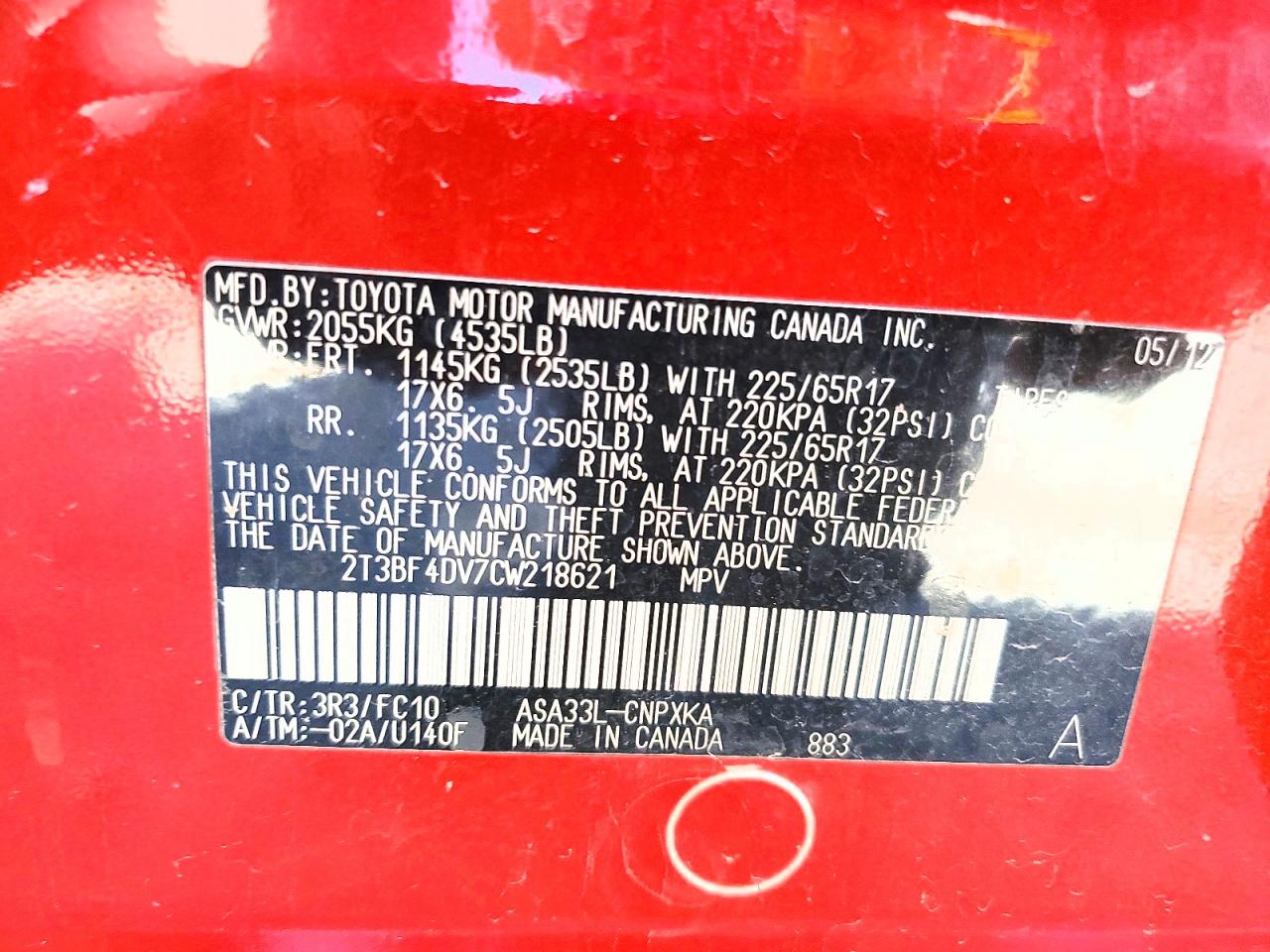 2012 Toyota Rav4 Base Red vin: 2T3BF4DV7CW218621