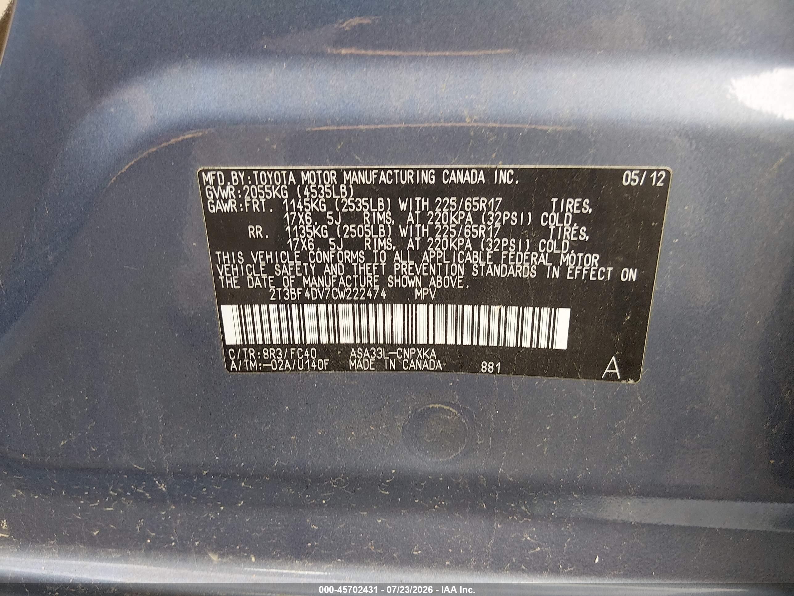 2012 Toyota Rav4   Синий vin: 2T3BF4DV7CW222474