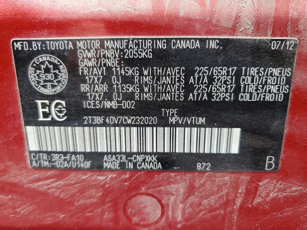 2012 Toyota Rav4 Base Red vin: 2T3BF4DV7CW232020