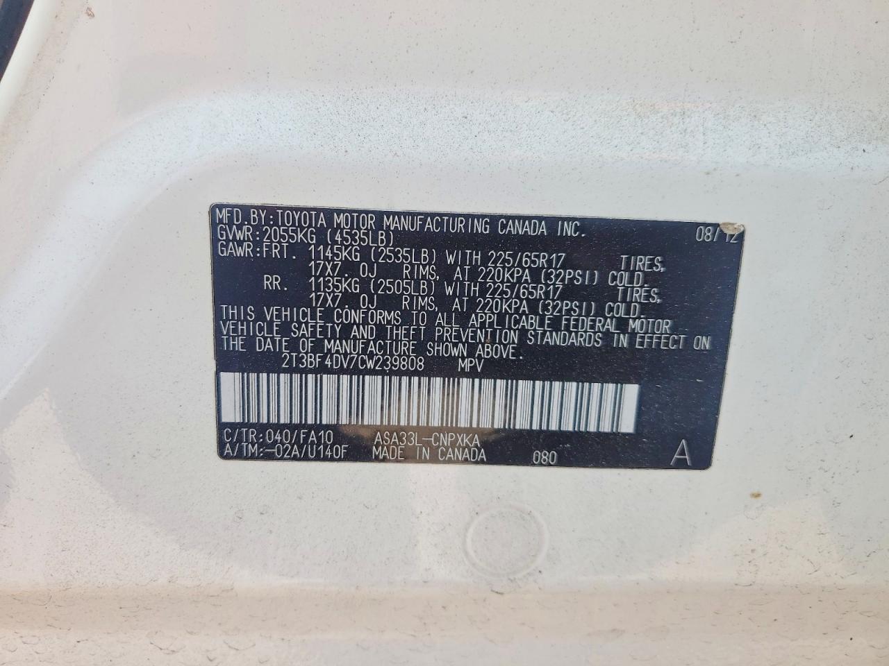 2012 Toyota Rav4 Base Белый vin: 2T3BF4DV7CW239808