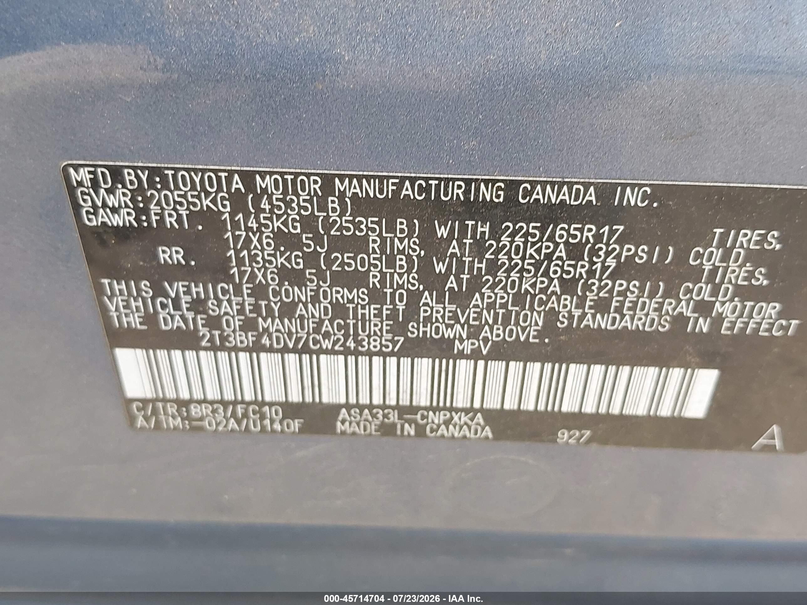 2012 Toyota Rav4   Blue vin: 2T3BF4DV7CW243857