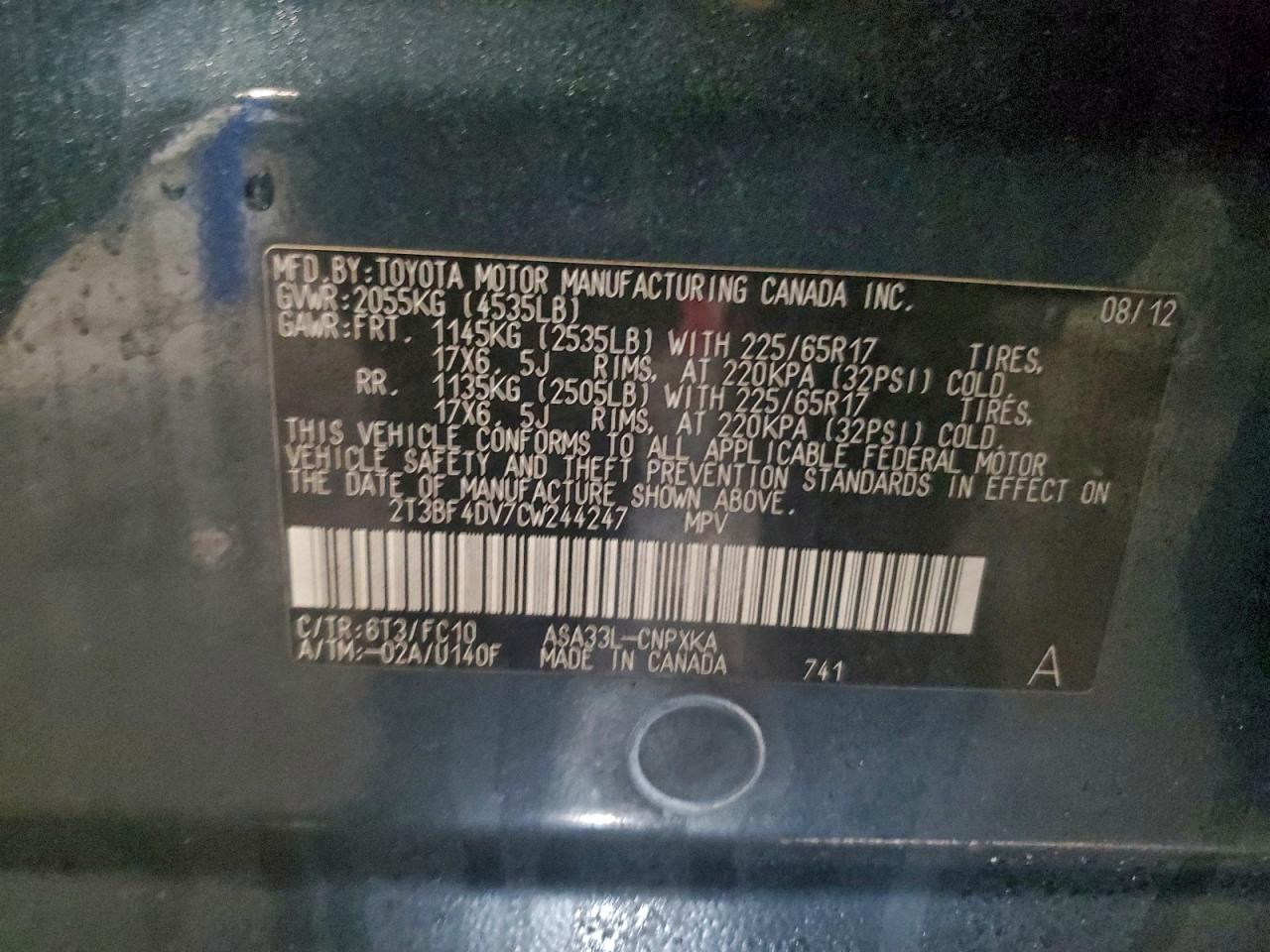 2012 Toyota Rav4 Charcoal vin: 2T3BF4DV7CW244247