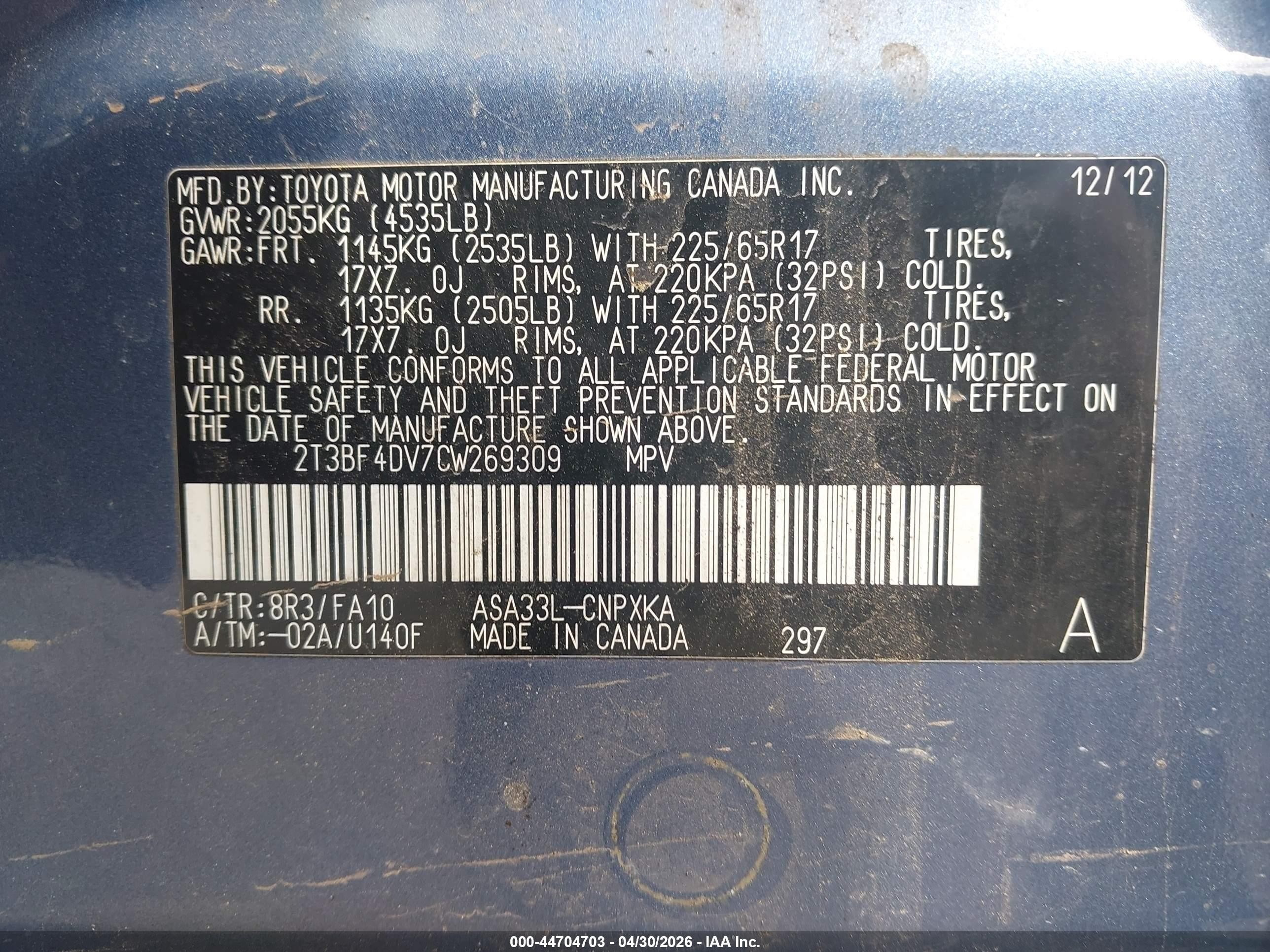 2012 Toyota Rav4 Blue vin: 2T3BF4DV7CW269309
