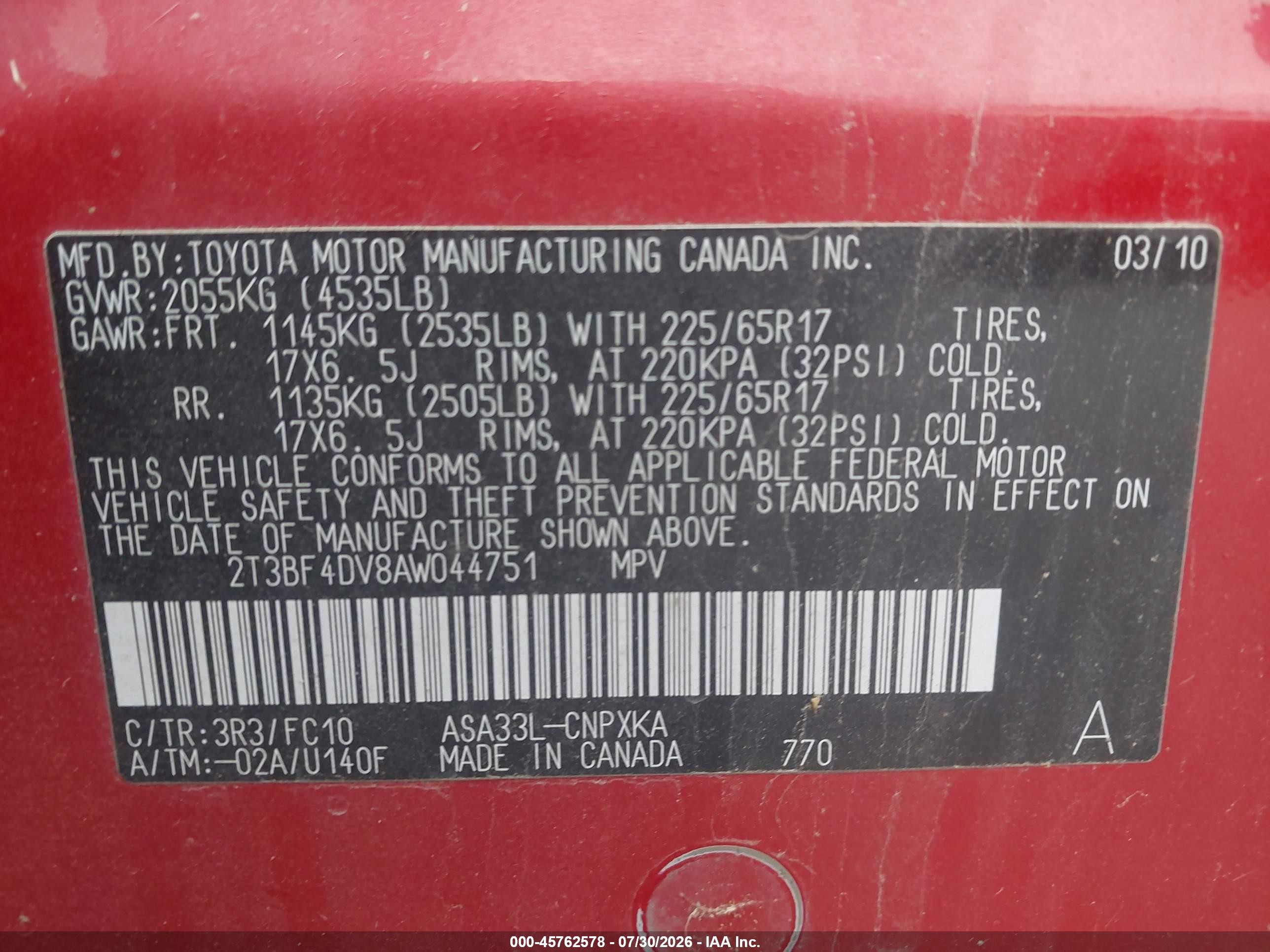 2010 Toyota Rav4   Red vin: 2T3BF4DV8AW044751