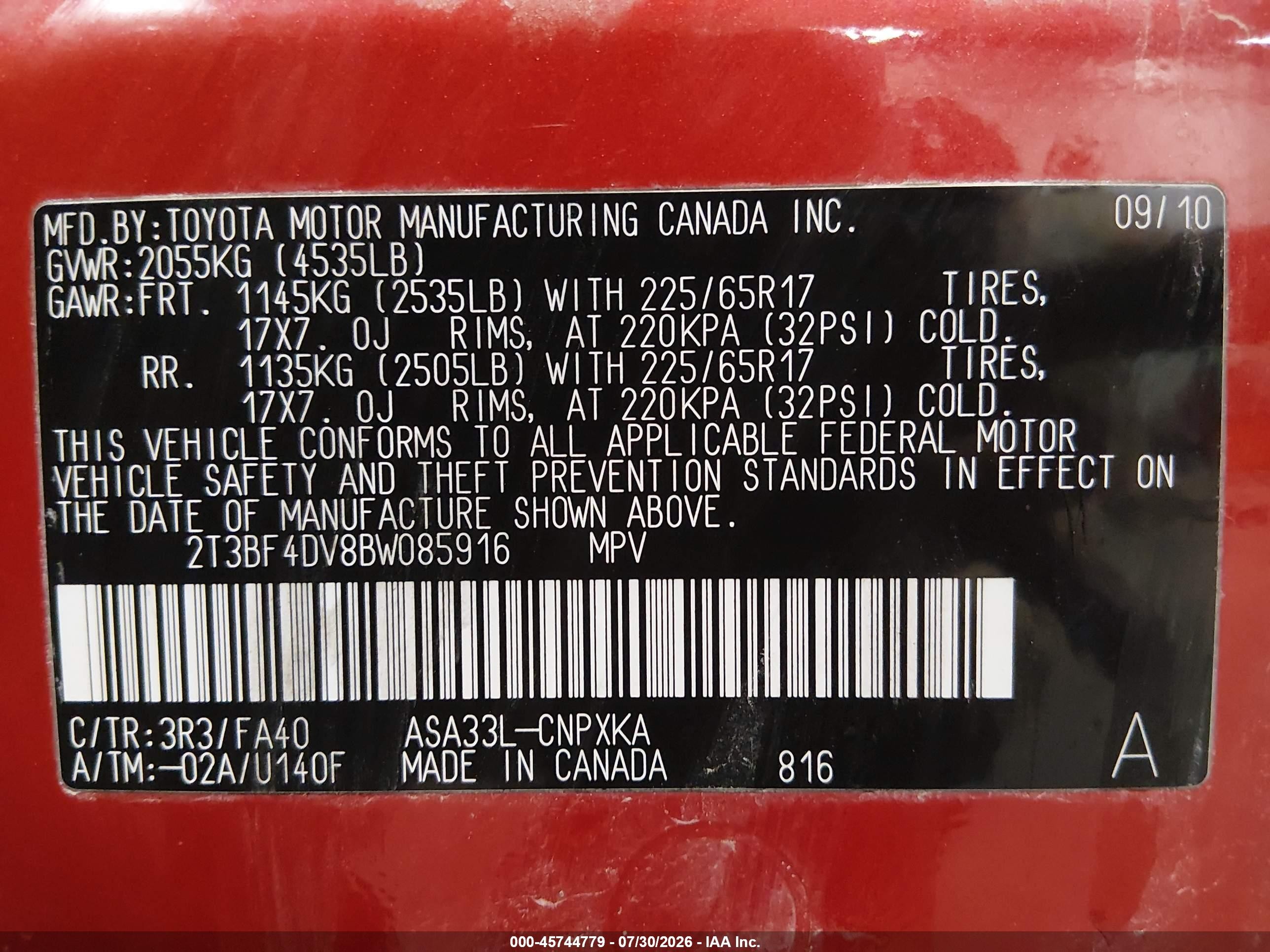 2011 Toyota Rav4   Red vin: 2T3BF4DV8BW085916