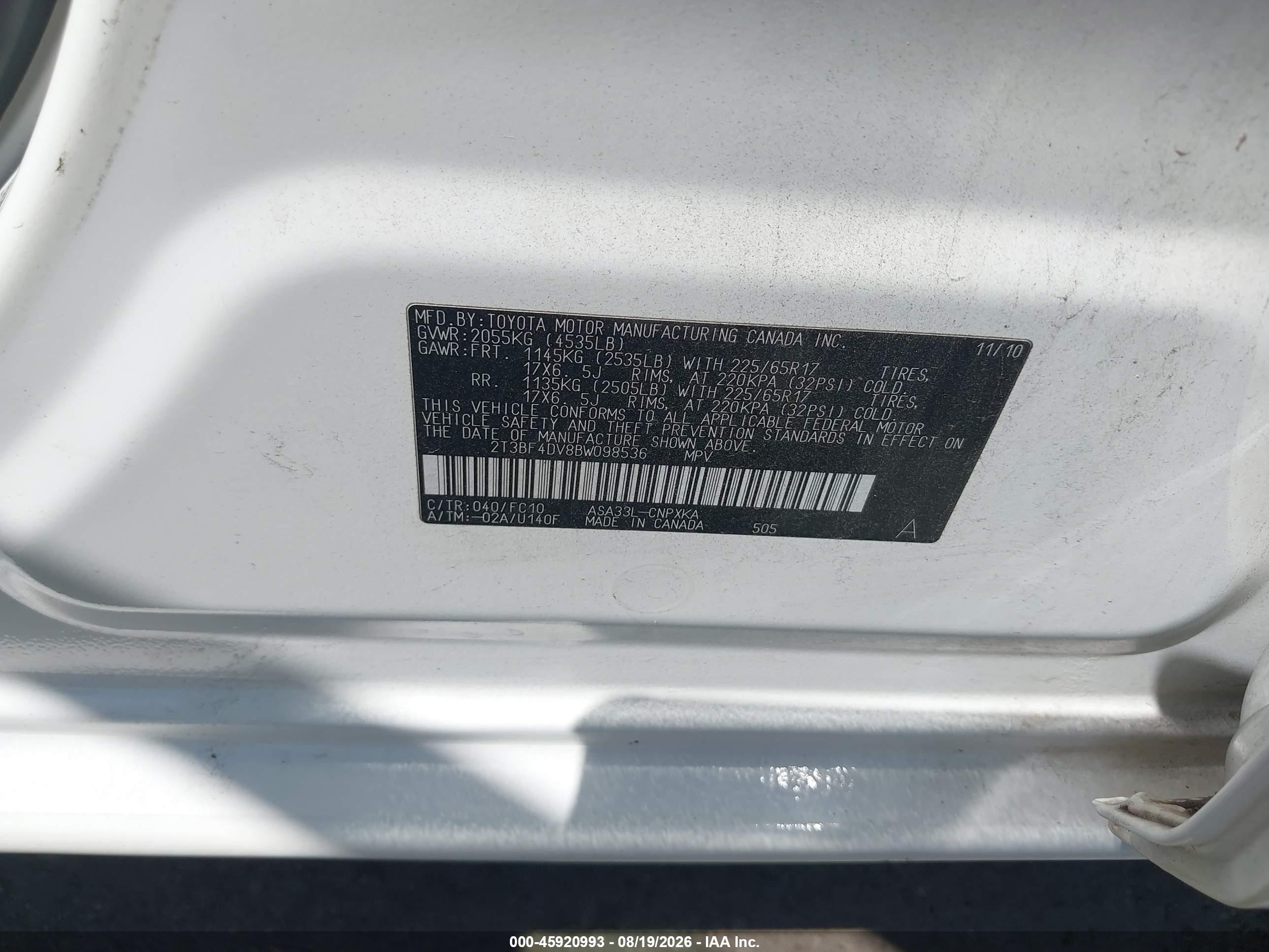 2011 Toyota Rav4   White vin: 2T3BF4DV8BW098536