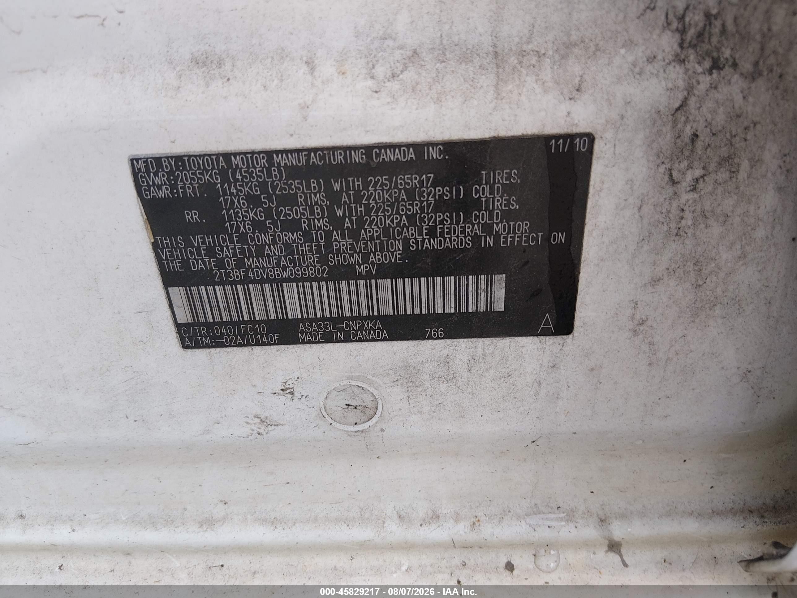 2011 Toyota Rav4   White vin: 2T3BF4DV8BW099802