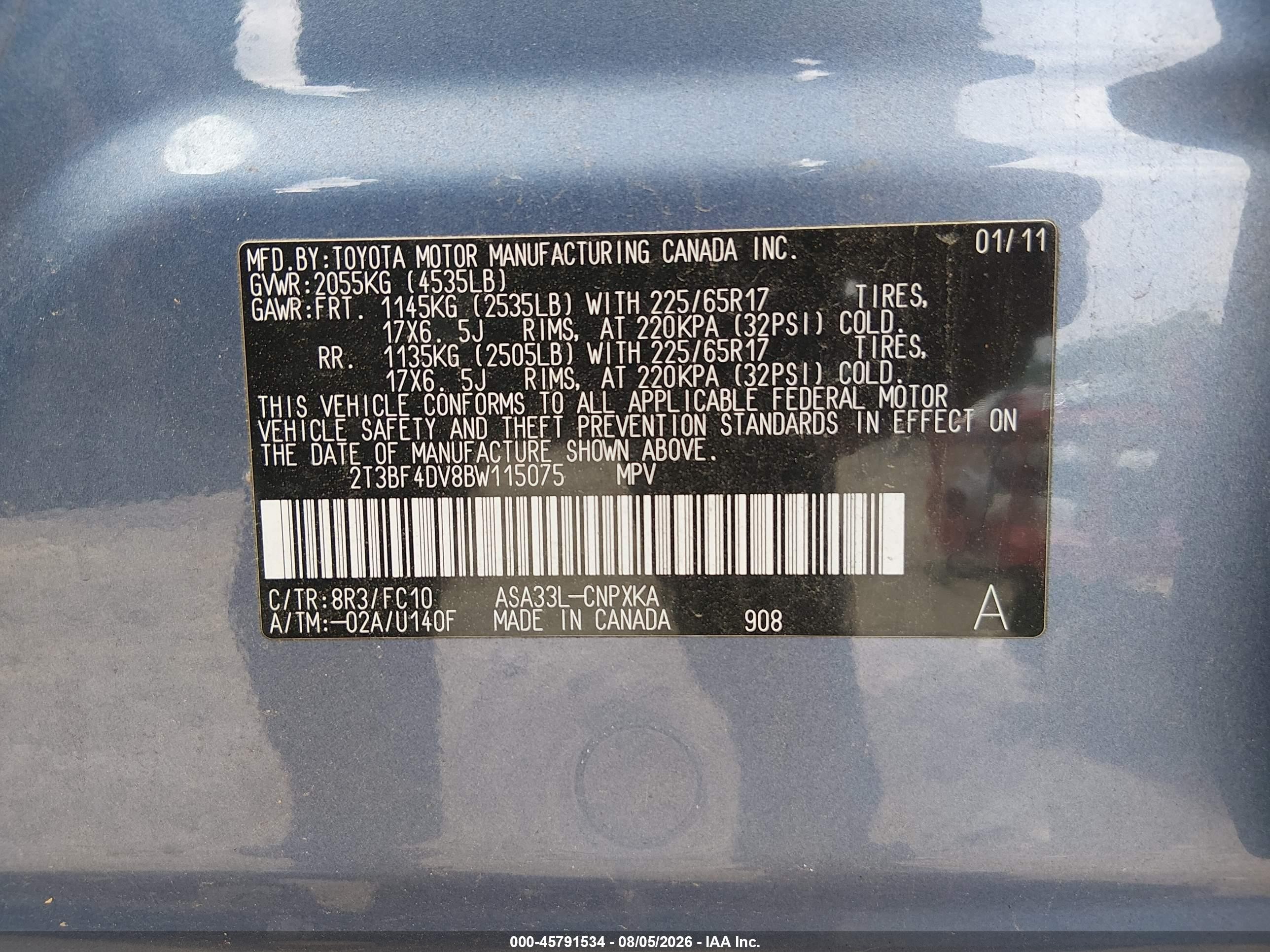 2011 Toyota Rav4   Blue vin: 2T3BF4DV8BW115075