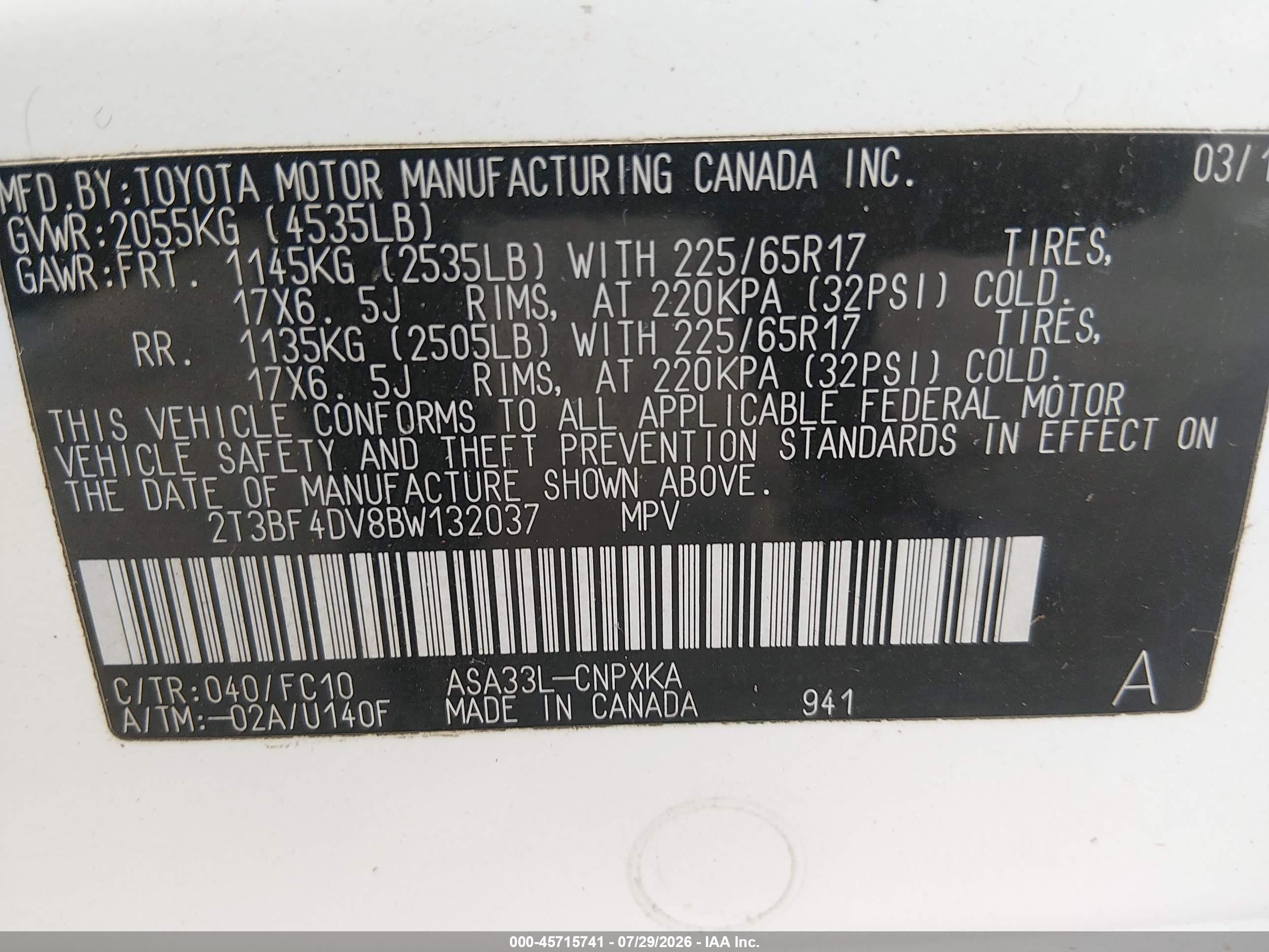 2011 Toyota Rav4   White vin: 2T3BF4DV8BW132037